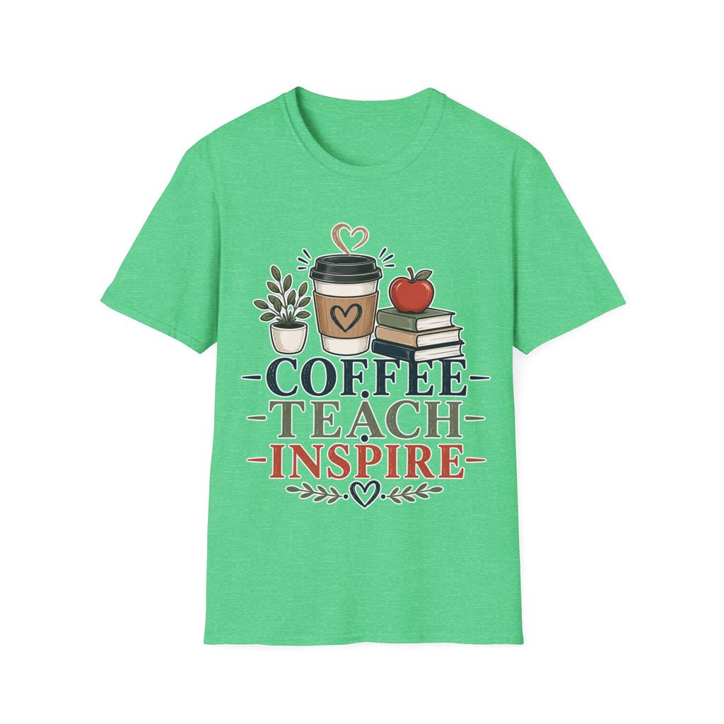Coffee Teach Inspire Shirt | Teacher T-Shirt | Coffee Books Apple Graphic Tee | Elementary Teacher Gift | Back to School Apparel