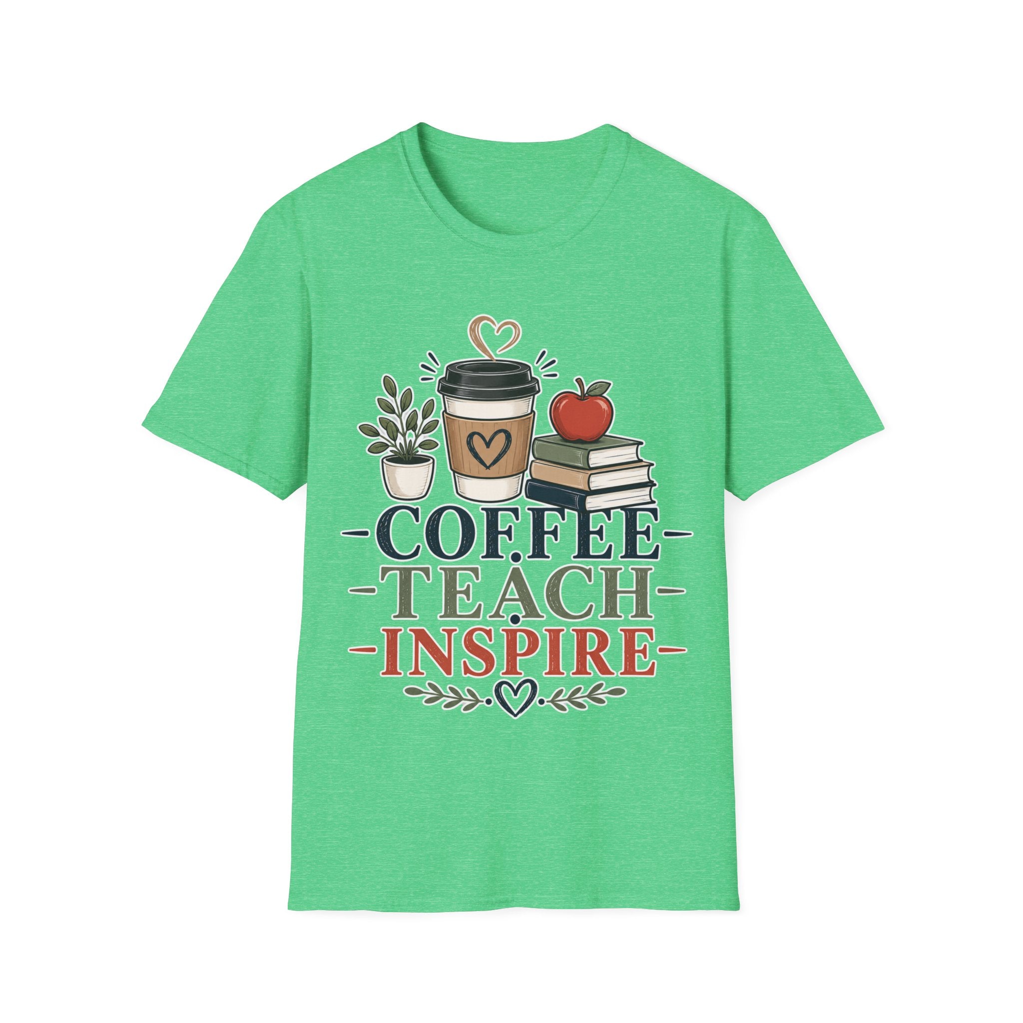 Coffee Teach Inspire Shirt | Teacher T-Shirt | Coffee Books Apple Graphic Tee | Elementary Teacher Gift | Back to School Apparel