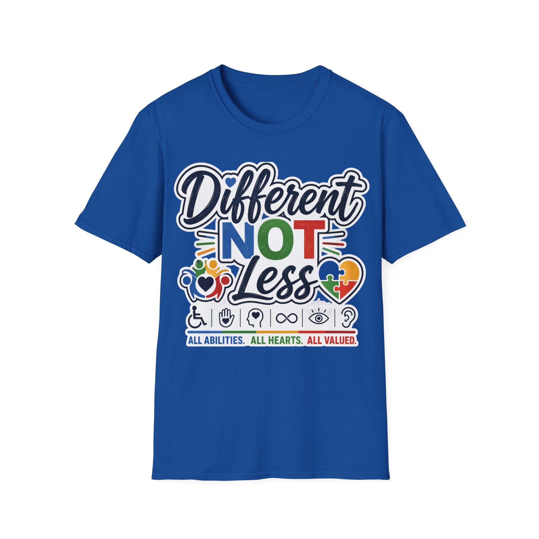 Different NOT Less T-Shirt | Disability Pride, Inclusive Rainbow Design