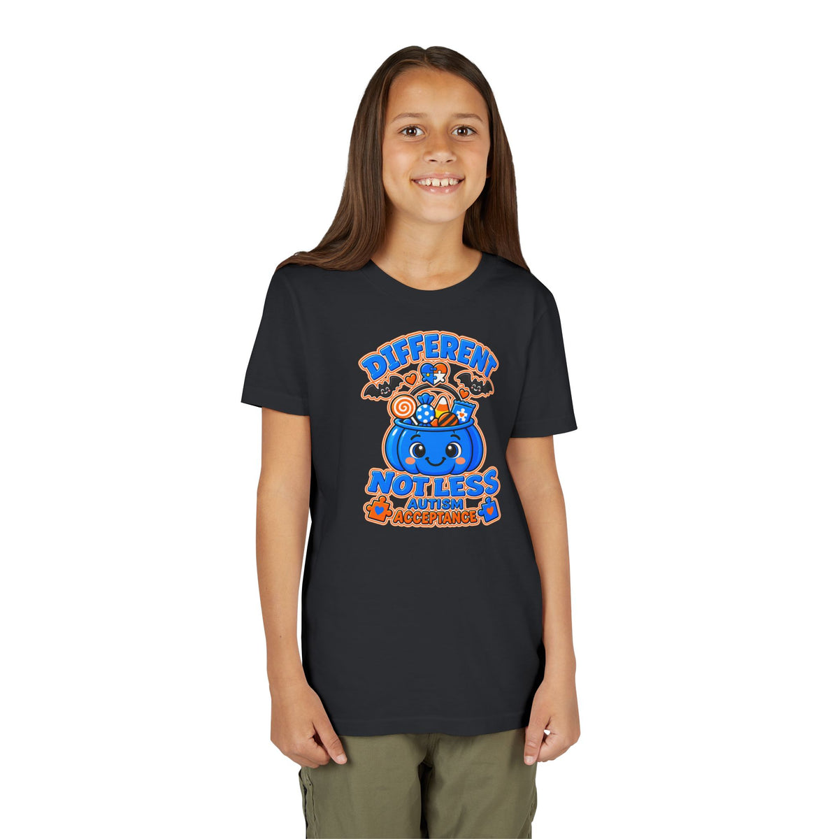 Different Not Less Halloween Shirt, Autism Acceptance Pumpkin Tee, Kids Halloween Autism Awareness T-Shirt, Trick or Treat Bucket Gift