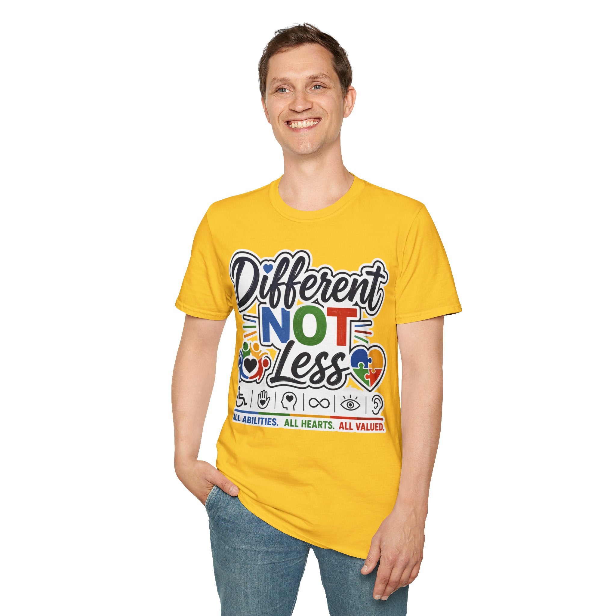 Different NOT Less T-Shirt | Disability Pride, Inclusive Rainbow Design