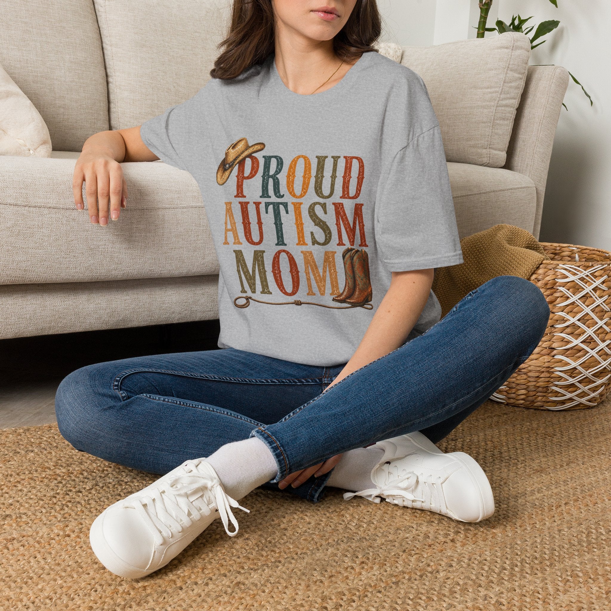 Proud Autism Mom T-Shirt — Rustic Western Cowboy Hat & Boots Design