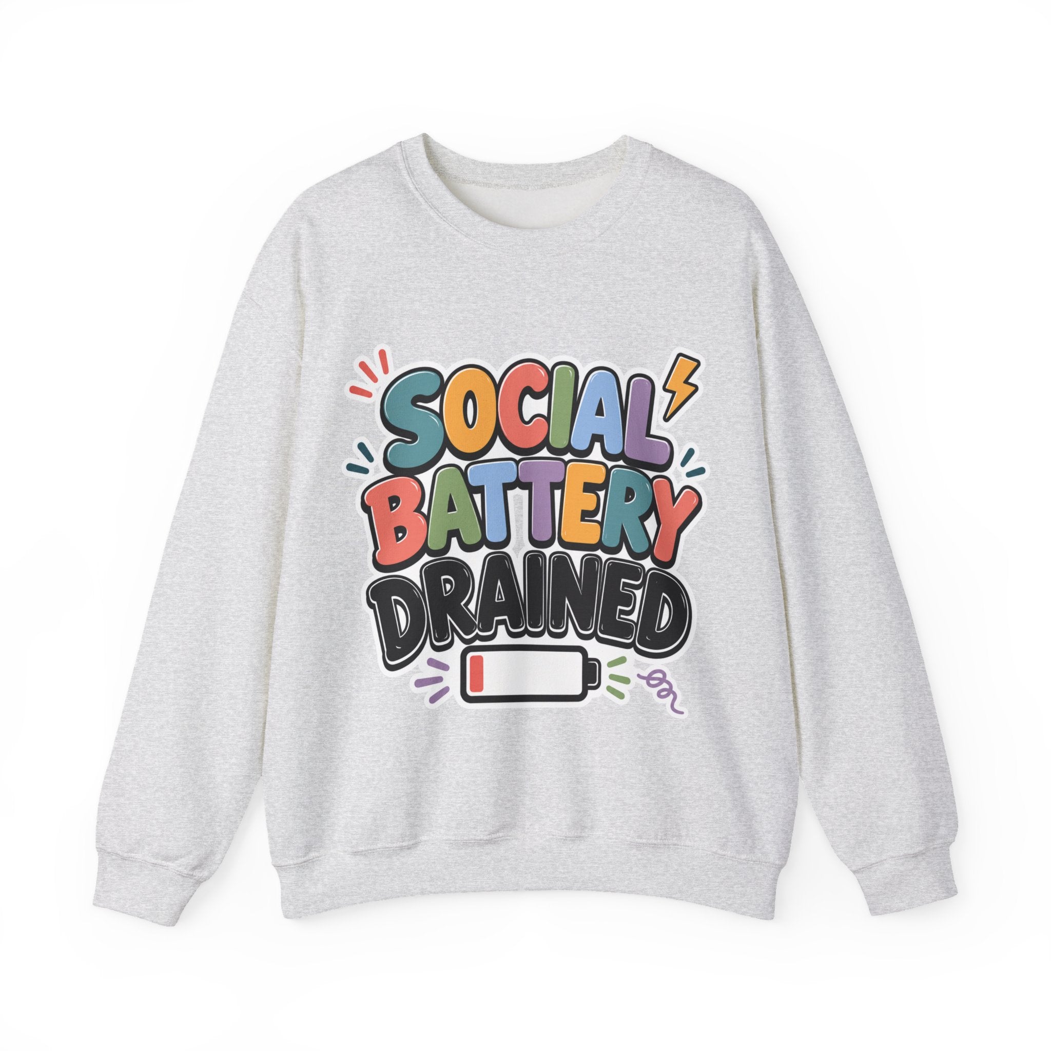Social Battery Drained Crewneck Sweatshirt | Funny Introvert Sweatshirt | Low Battery Graphic Pullover | Mental Health Humor | Unisex Gift