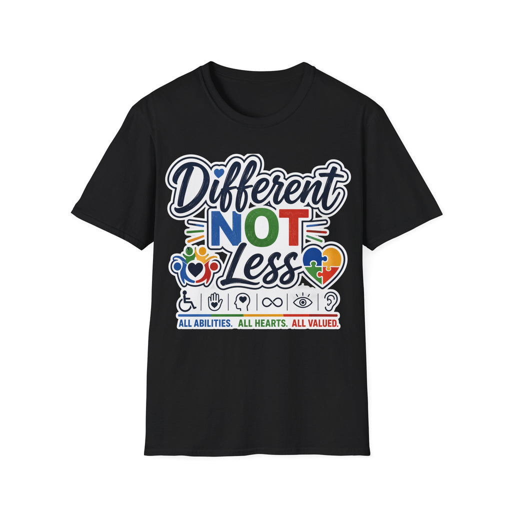 Different NOT Less T-Shirt | Disability Pride, Inclusive Rainbow Design