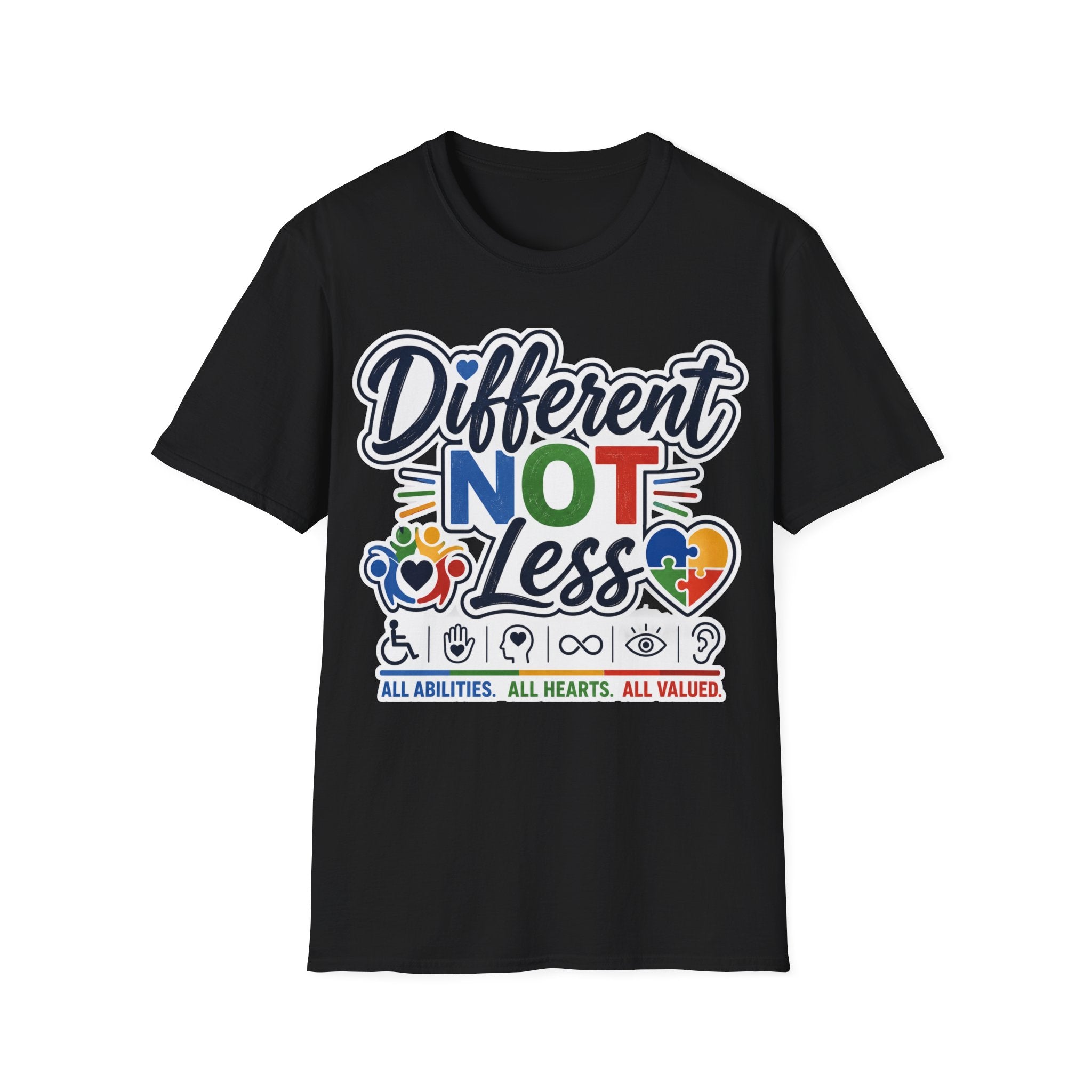 Different NOT Less T-Shirt | Disability Pride, Inclusive Rainbow Design