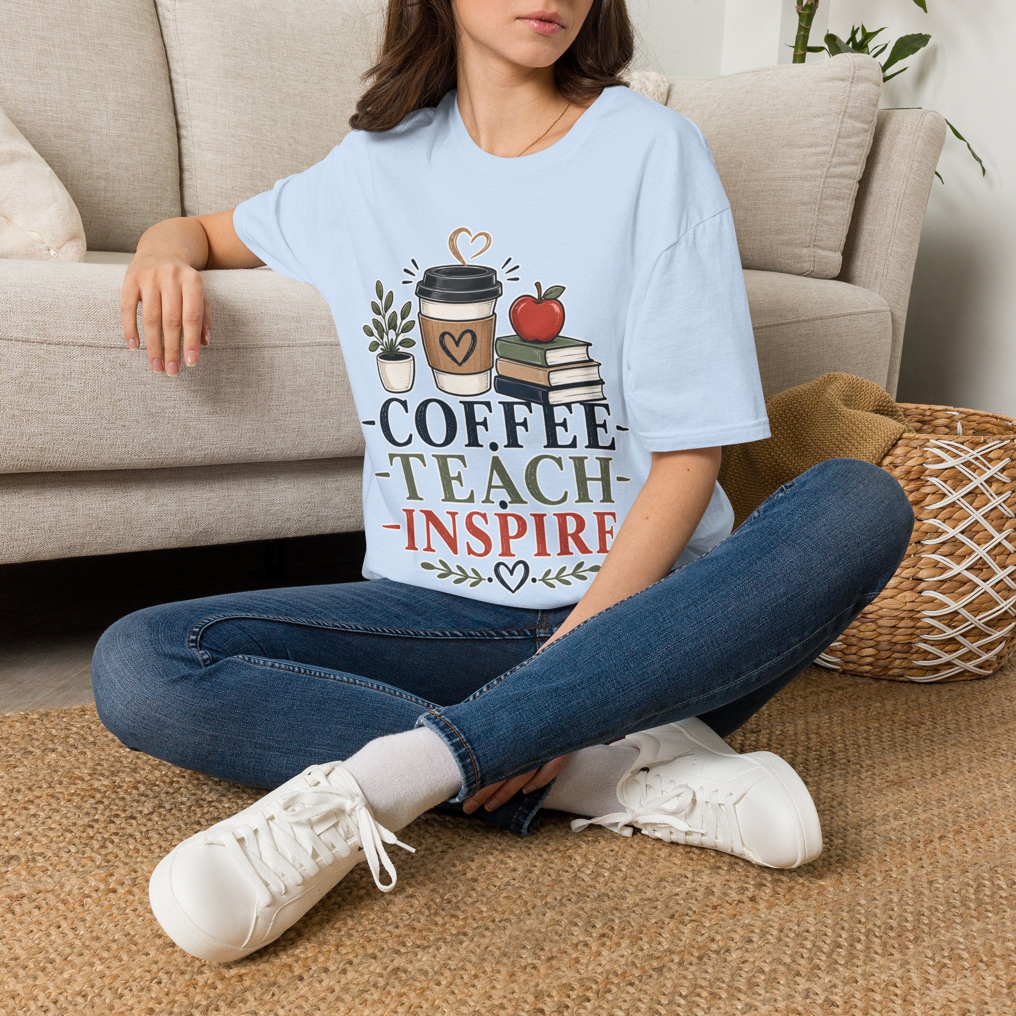 Coffee Teach Inspire Shirt | Teacher T-Shirt | Coffee Books Apple Graphic Tee | Elementary Teacher Gift | Back to School Apparel