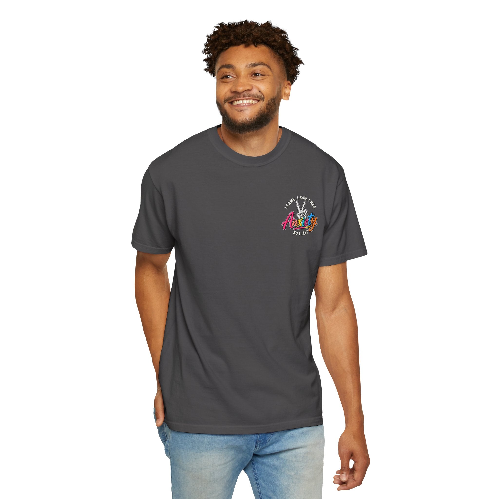 Anxiety Skeleton Peace Sign T-Shirt, I Came I Saw I Fled Retro Script Shirt, Funny Mental Health Tee, Anxiety Humor Gift