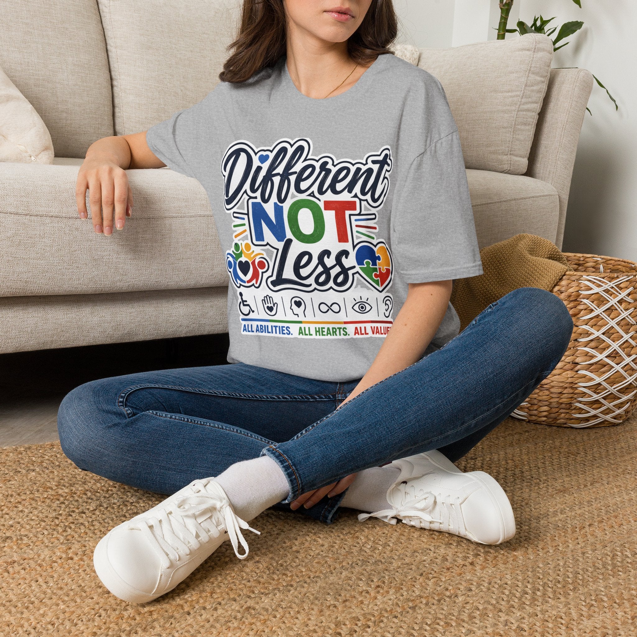 Different NOT Less T-Shirt | Disability Pride, Inclusive Rainbow Design