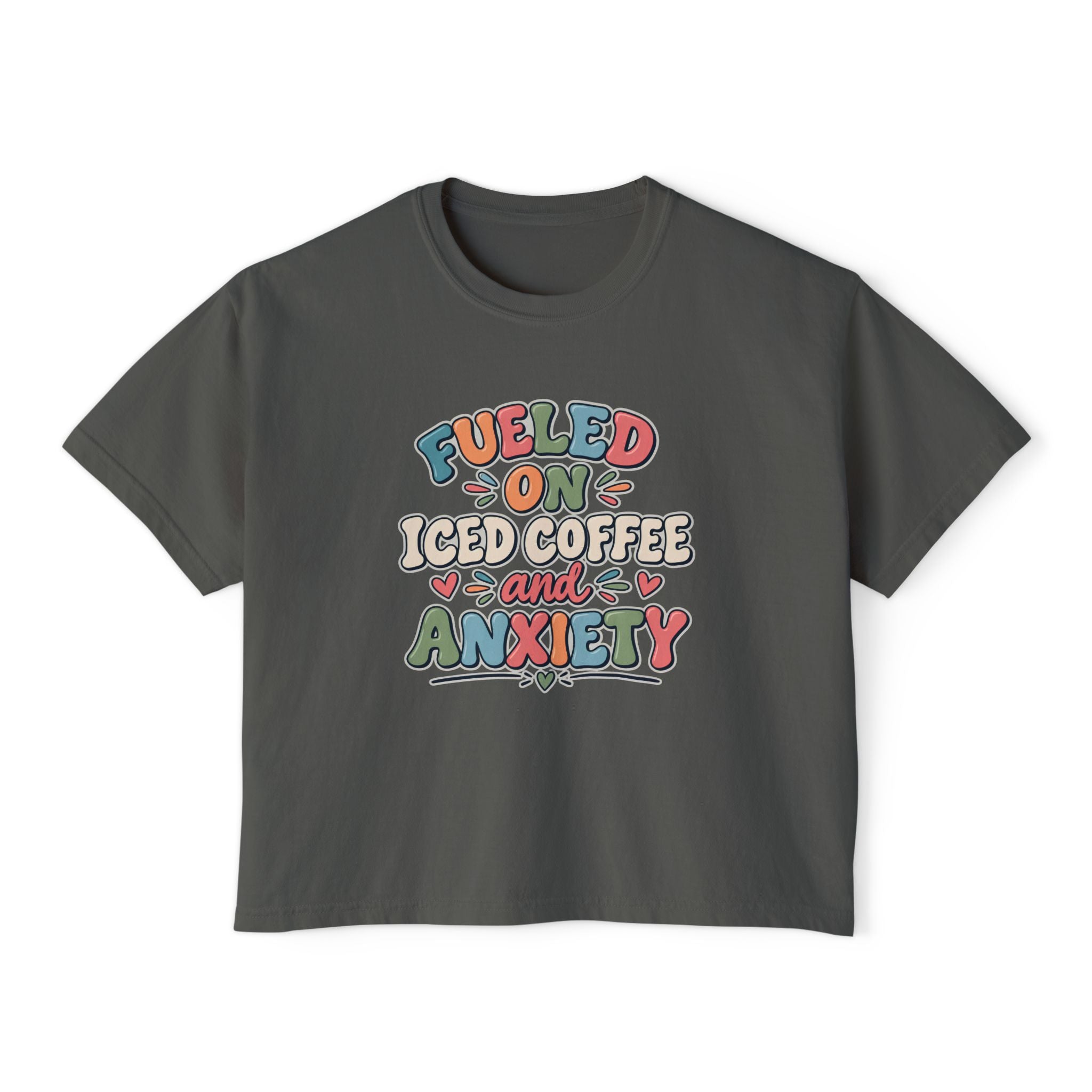 Fueled On Iced Coffee And Anxiety Boxy Tee, Women's Cute Retro Lettering Shirt, Funny Mental Health T-Shirt, Trendy Coffee Lover Gift
