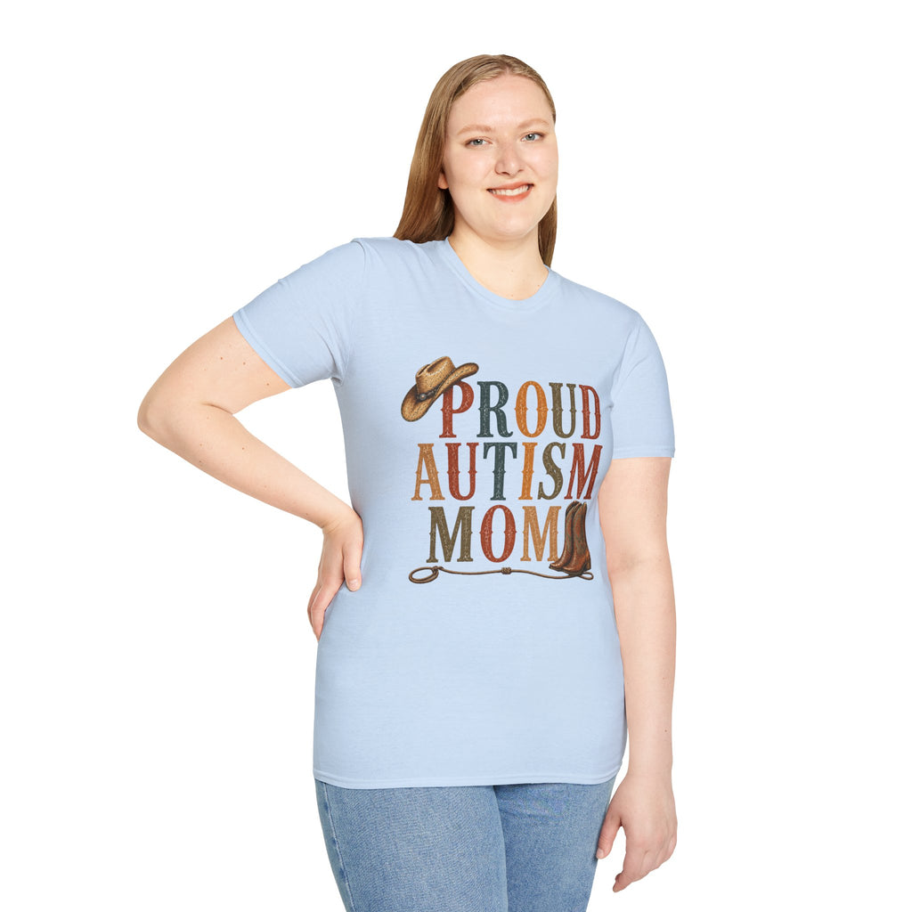 Proud Autism Mom T-Shirt — Rustic Western Cowboy Hat & Boots Design