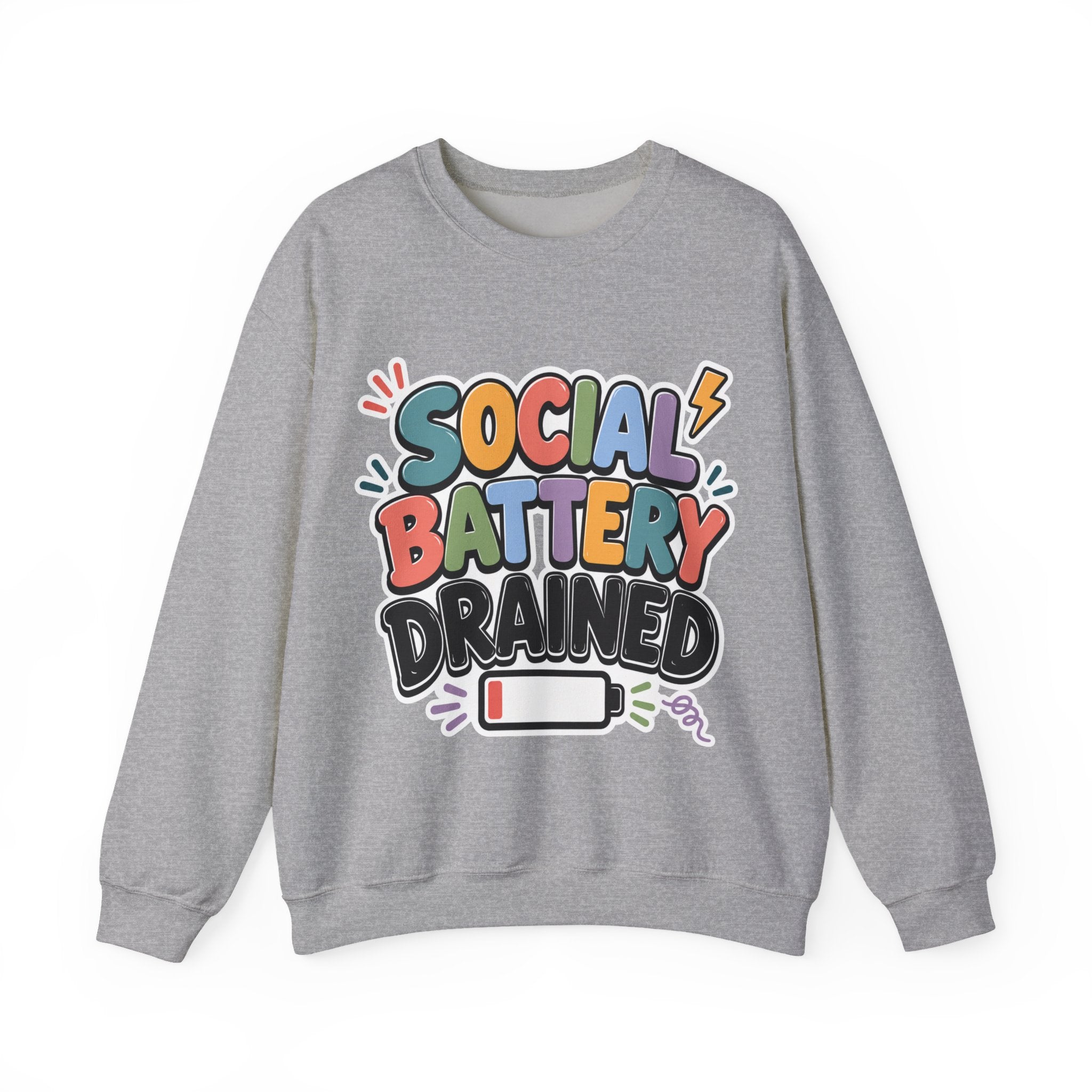 Social Battery Drained Crewneck Sweatshirt | Funny Introvert Sweatshirt | Low Battery Graphic Pullover | Mental Health Humor | Unisex Gift