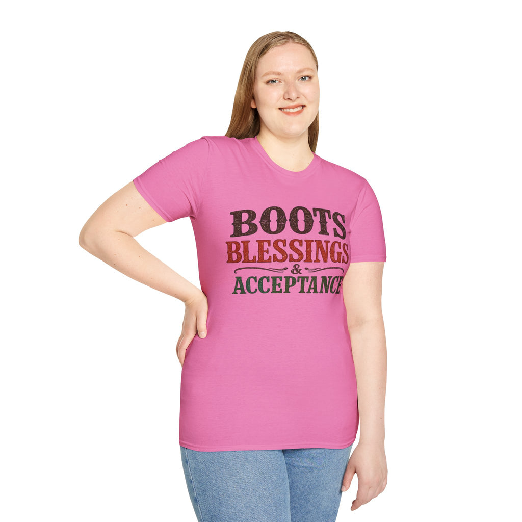 Boots Blessings & Acceptance T-Shirt | Western Typography, Rustic Faith Tee