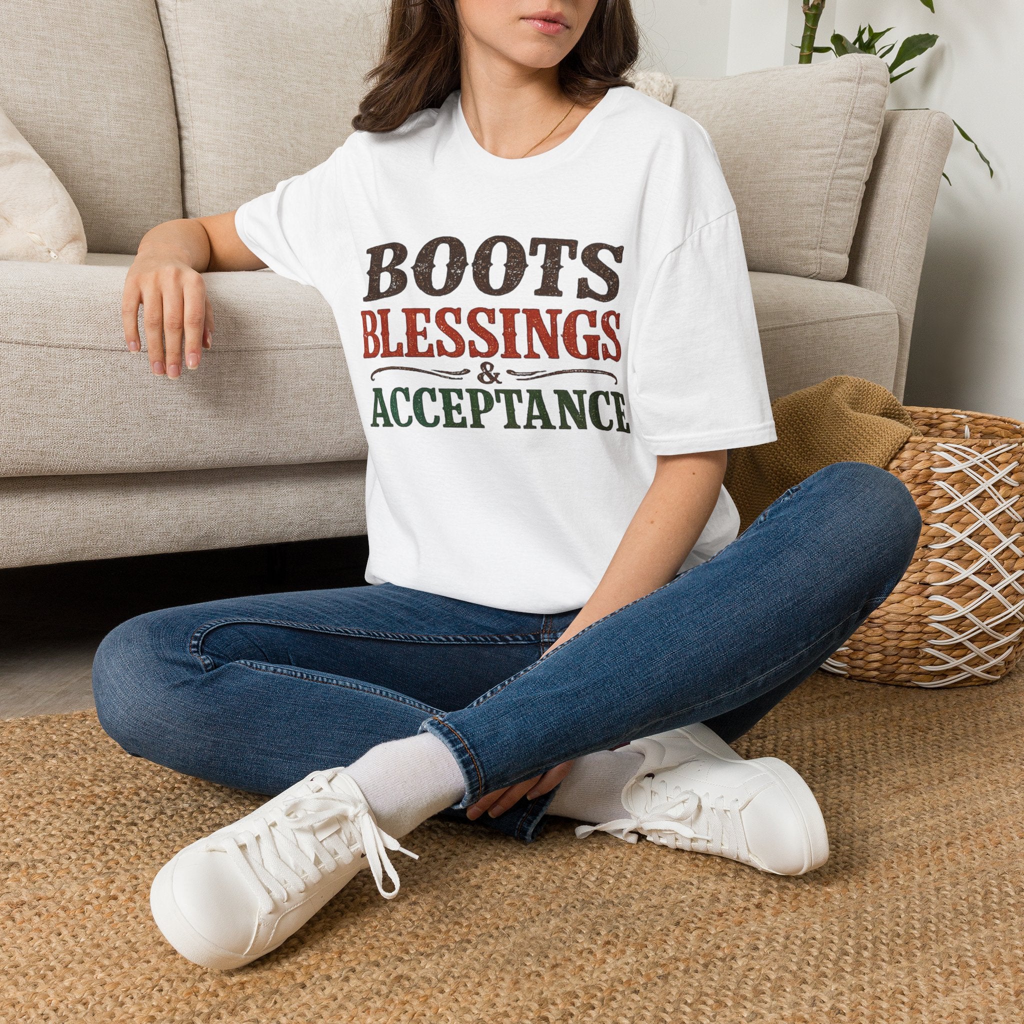 Boots Blessings & Acceptance T-Shirt | Western Typography, Rustic Faith Tee