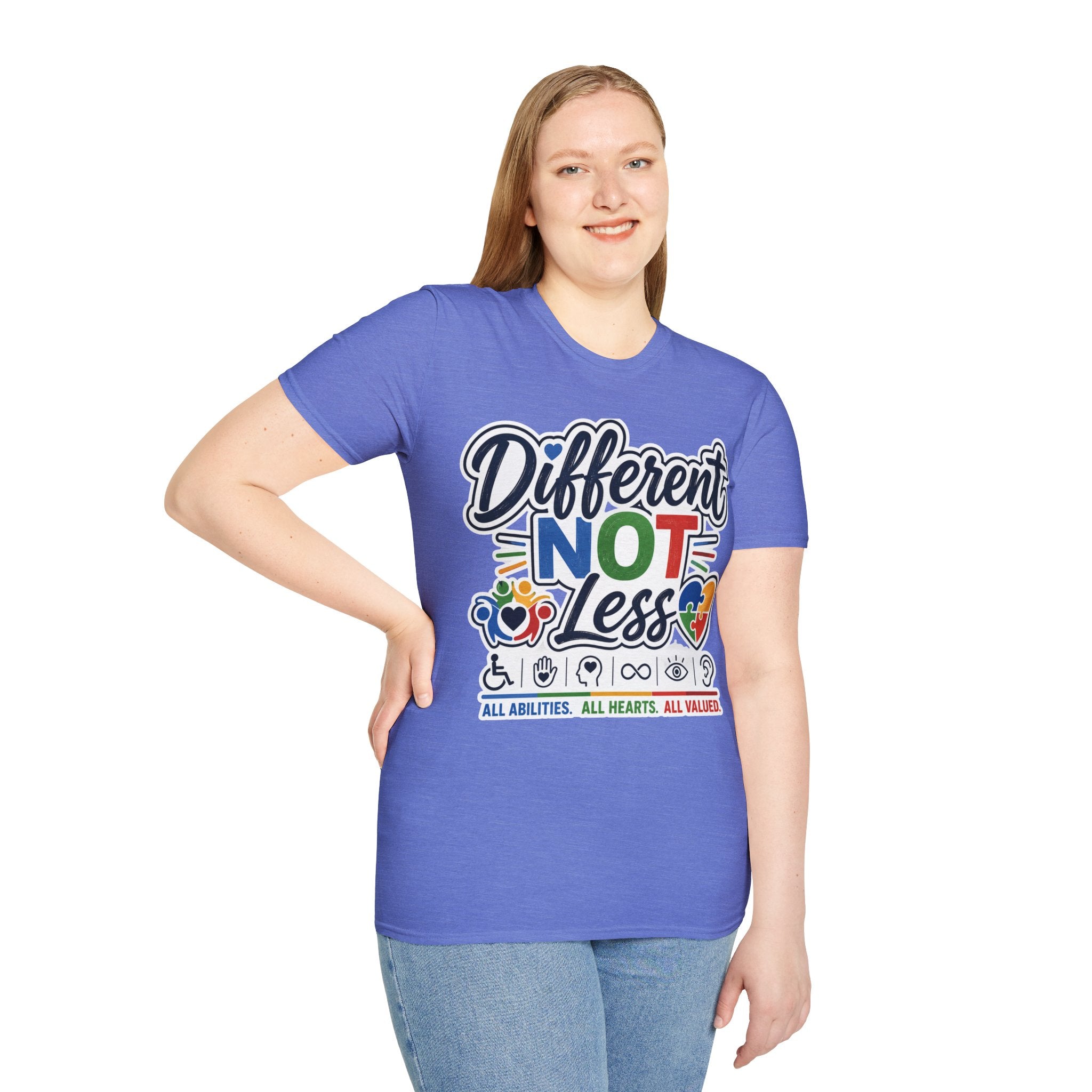 Different NOT Less T-Shirt | Disability Pride, Inclusive Rainbow Design