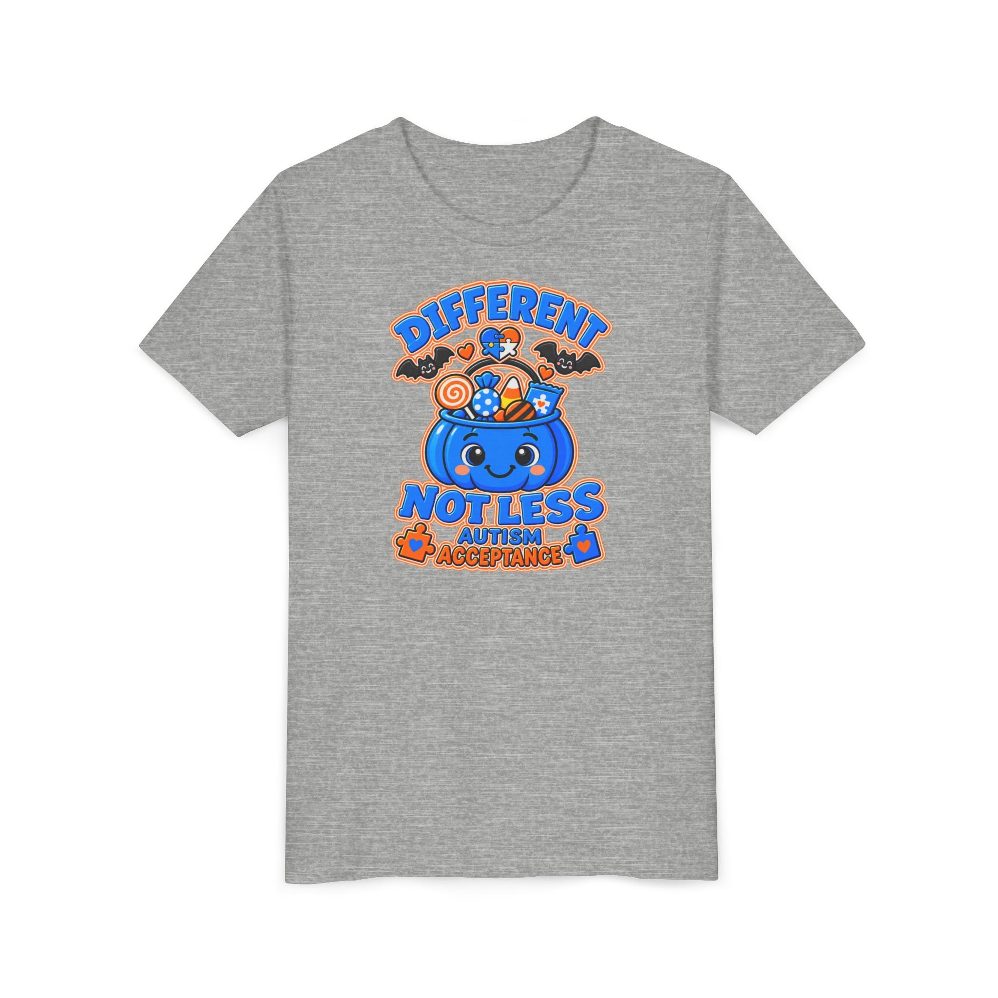 Different Not Less Halloween Shirt, Autism Acceptance Pumpkin Tee, Kids Halloween Autism Awareness T-Shirt, Trick or Treat Bucket Gift