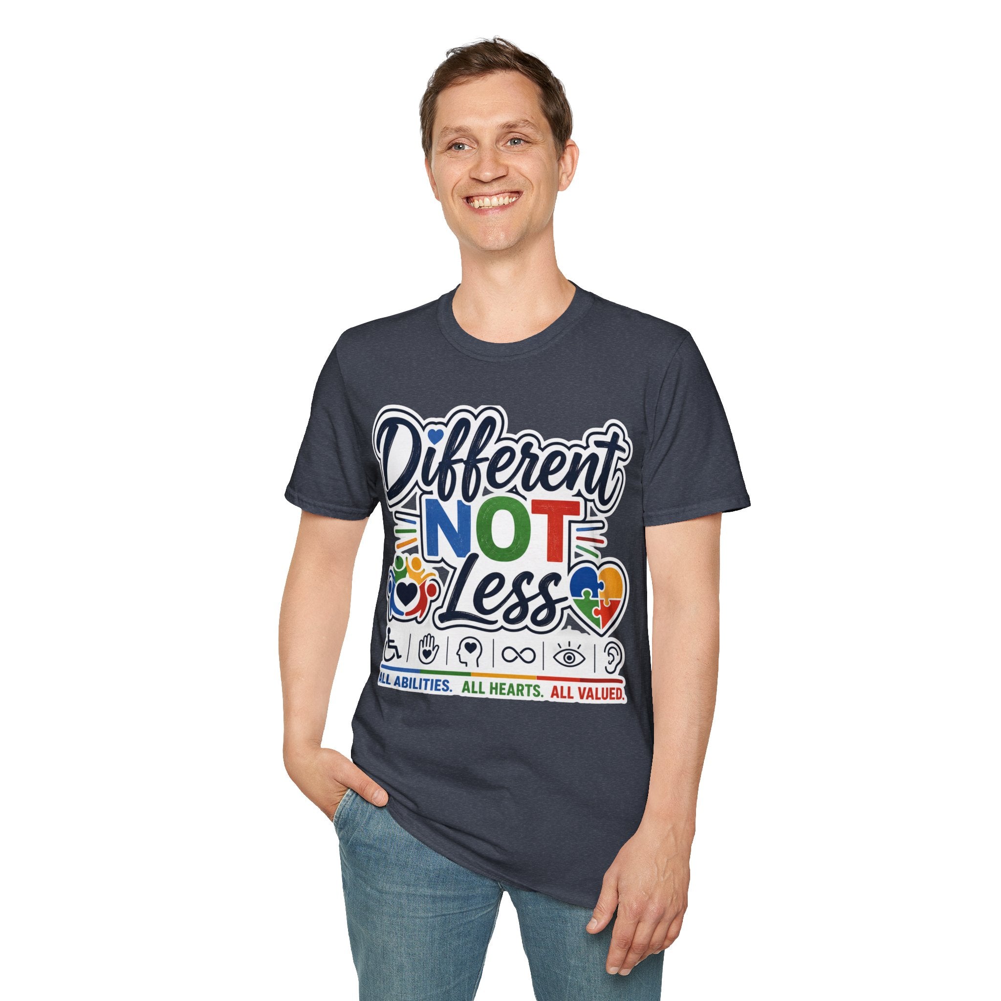 Different NOT Less T-Shirt | Disability Pride, Inclusive Rainbow Design