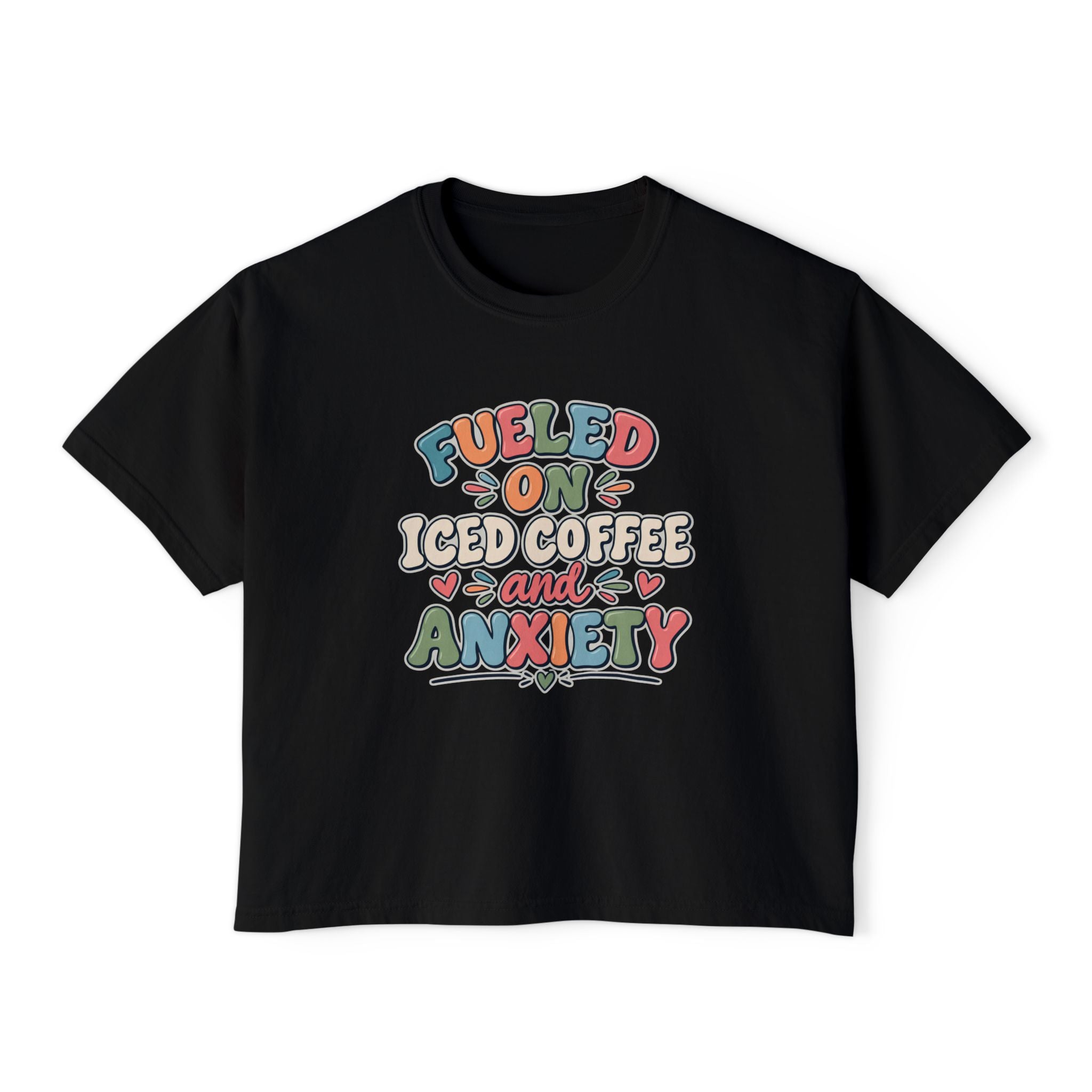 Fueled On Iced Coffee And Anxiety Boxy Tee, Women's Cute Retro Lettering Shirt, Funny Mental Health T-Shirt, Trendy Coffee Lover Gift