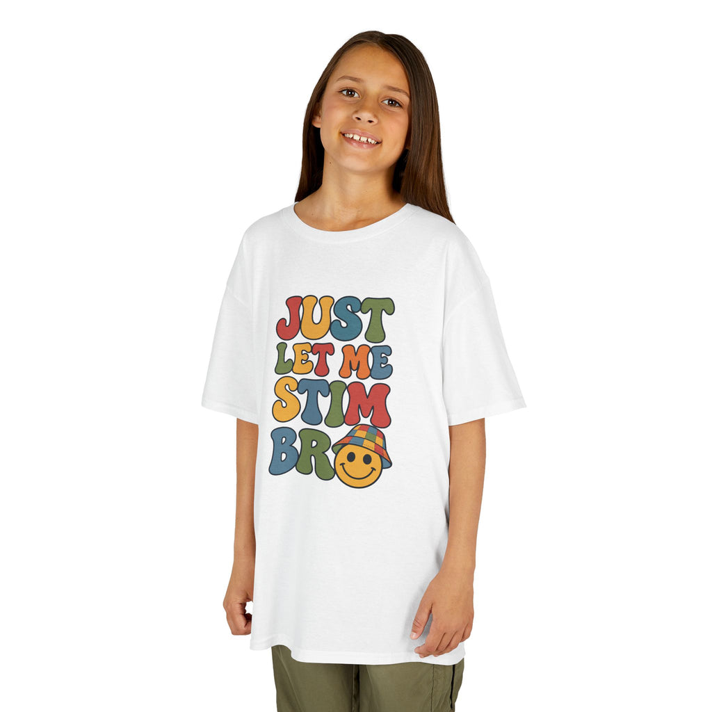 Just Let Me Stim Bro Kids Tee, Retro Bubble Letters Smiley Face Shirt, Autism ADHD Neurodivergent Kids T-Shirt, Funny Sensory Gift
