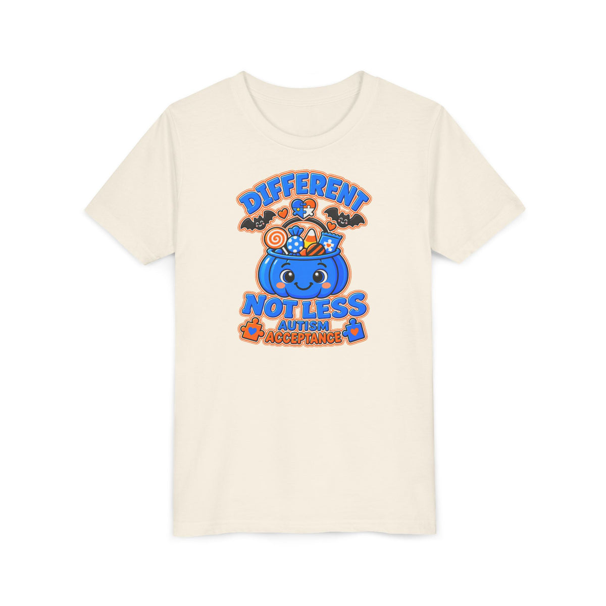 Different Not Less Halloween Shirt, Autism Acceptance Pumpkin Tee, Kids Halloween Autism Awareness T-Shirt, Trick or Treat Bucket Gift