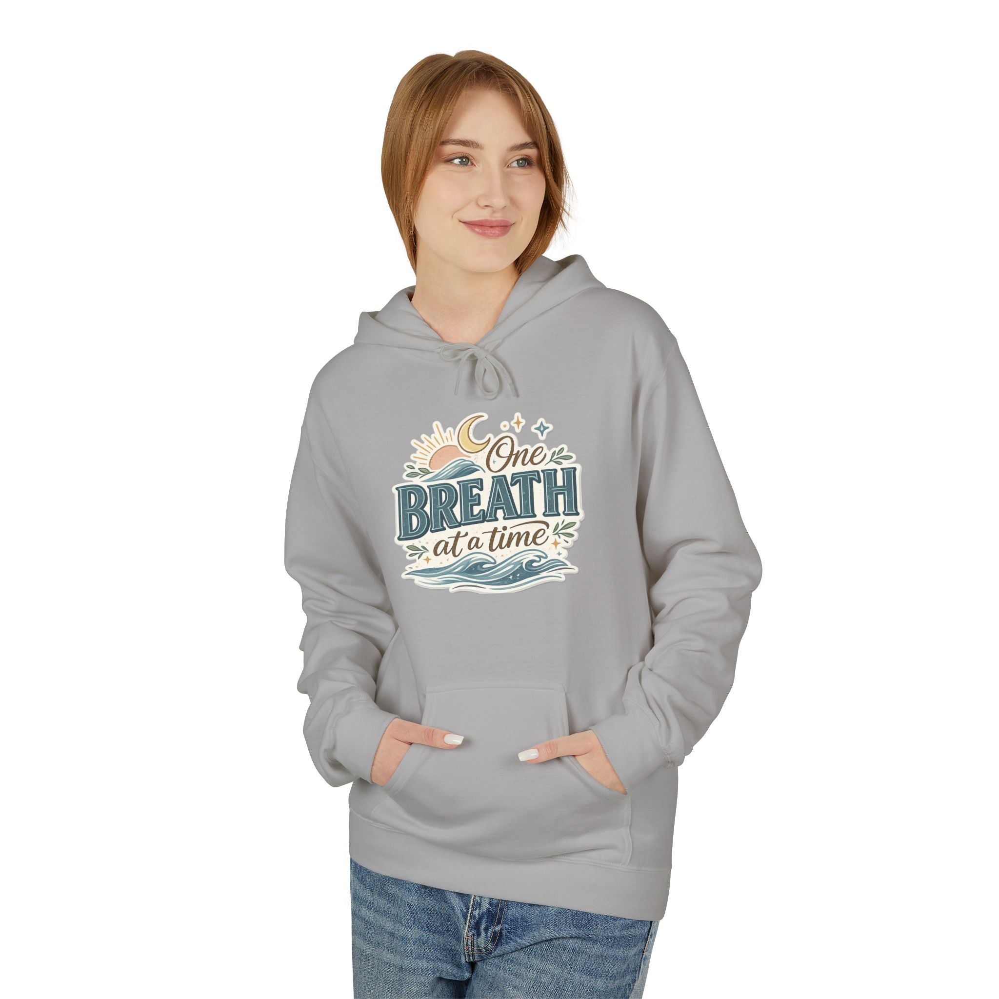 One Breath at a Time Hoodie | Ocean Waves Sun Illustration