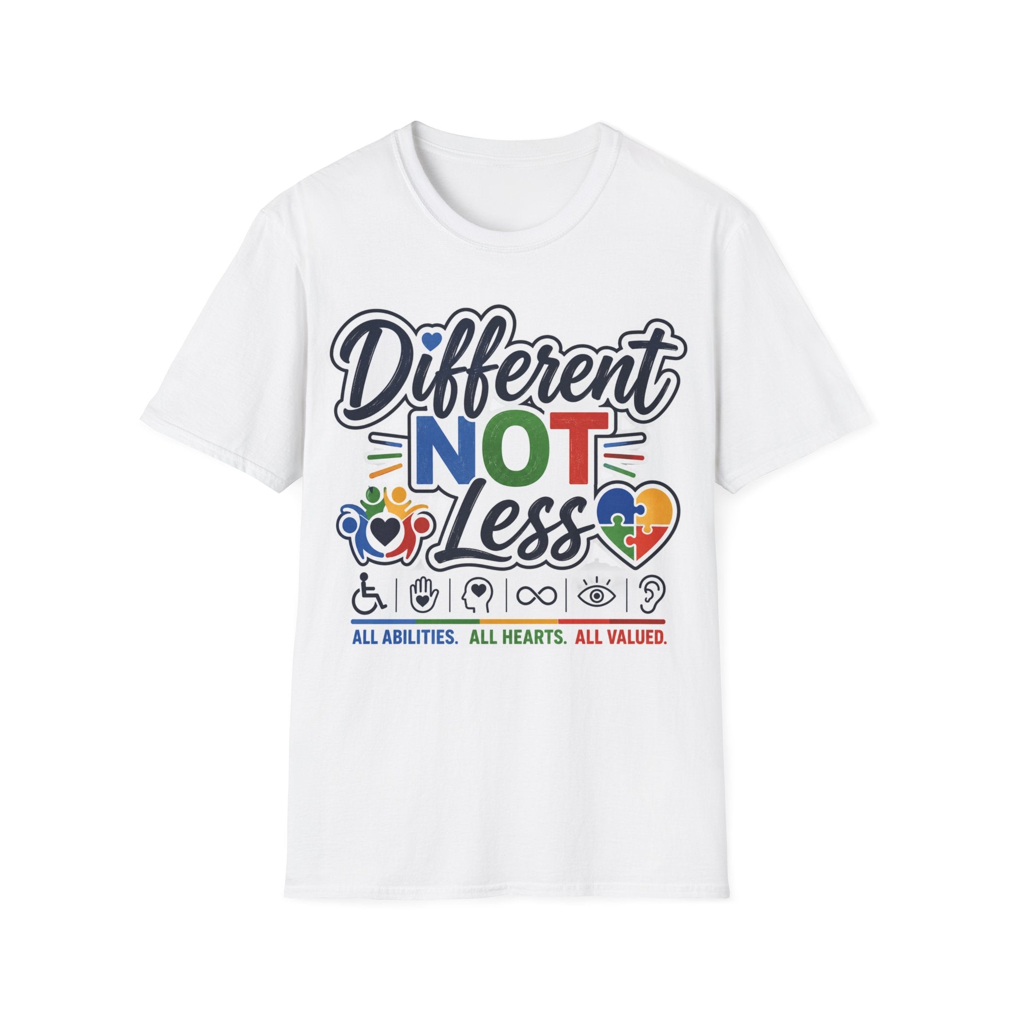Different NOT Less T-Shirt | Disability Pride, Inclusive Rainbow Design