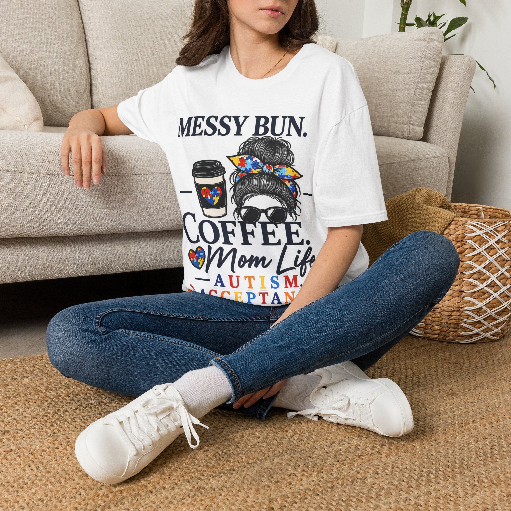 Messy Bun Coffee Mom Life Autism Acceptance Shirt | Autism Mom T-Shirt | Neurodiversity Support Tee | Special Needs Mom Gift