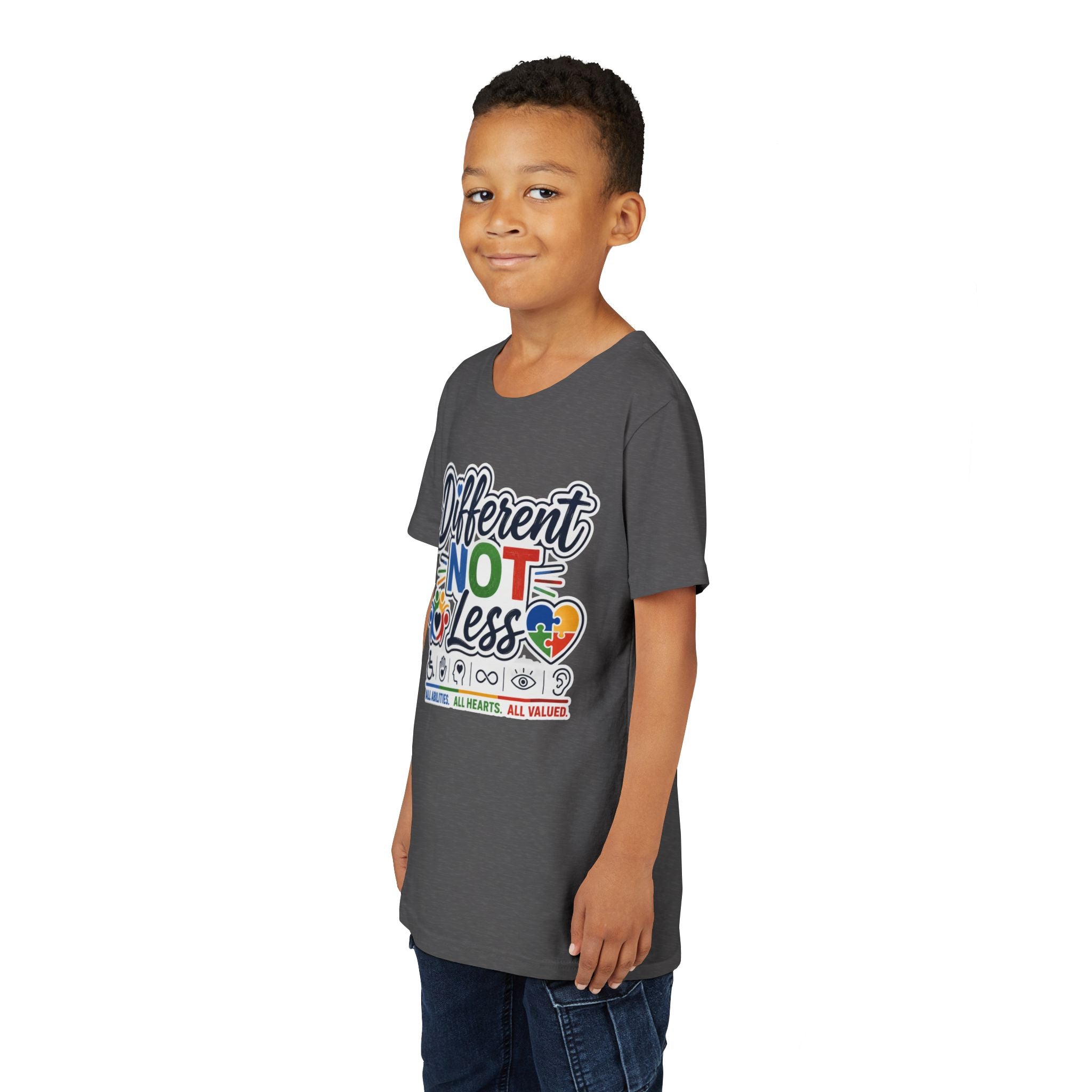 Youth Tee — "Different Not Less" Inclusive Pride Autism Awareness Shirt
