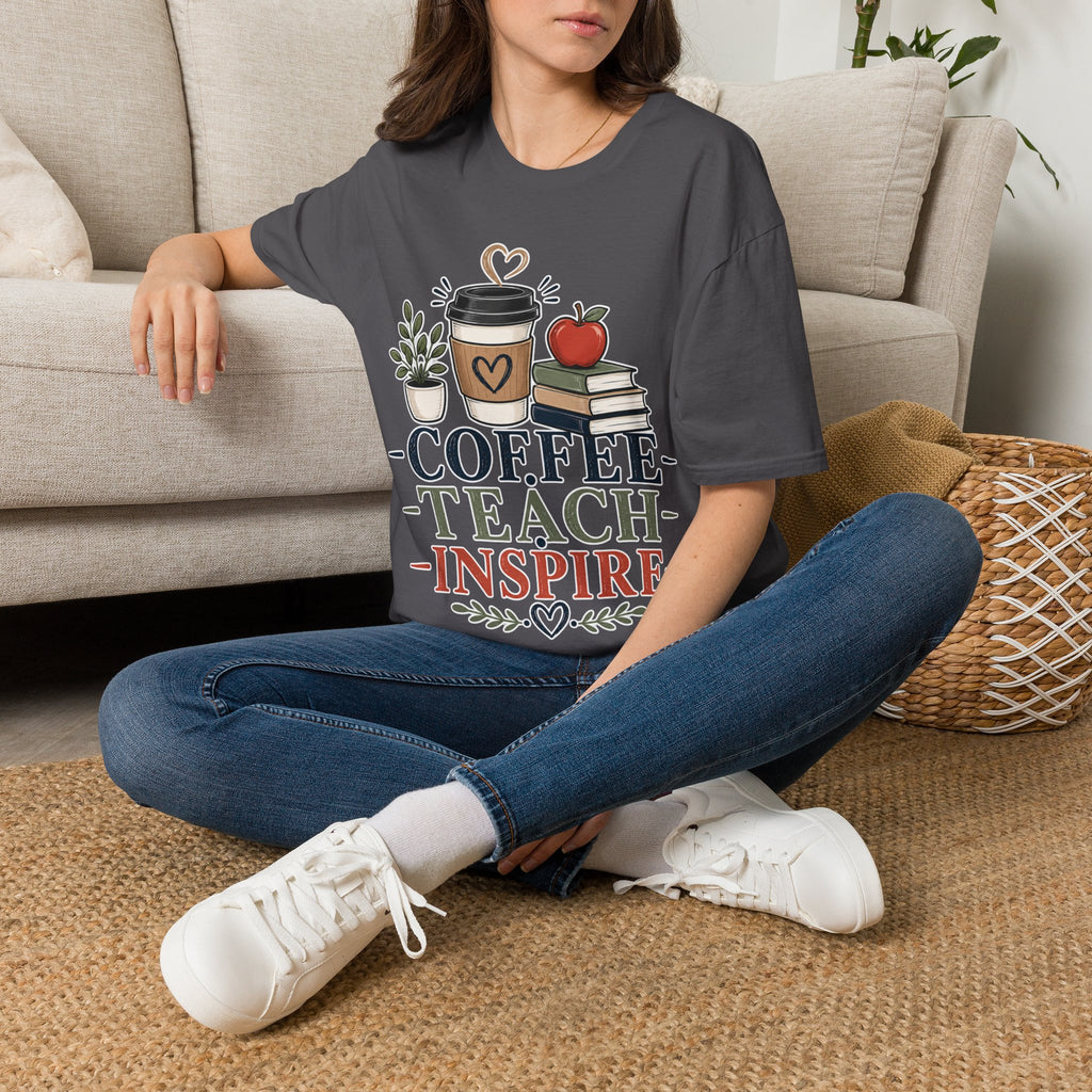 Coffee Teach Inspire Shirt | Teacher T-Shirt | Coffee Books Apple Graphic Tee | Elementary Teacher Gift | Back to School Apparel