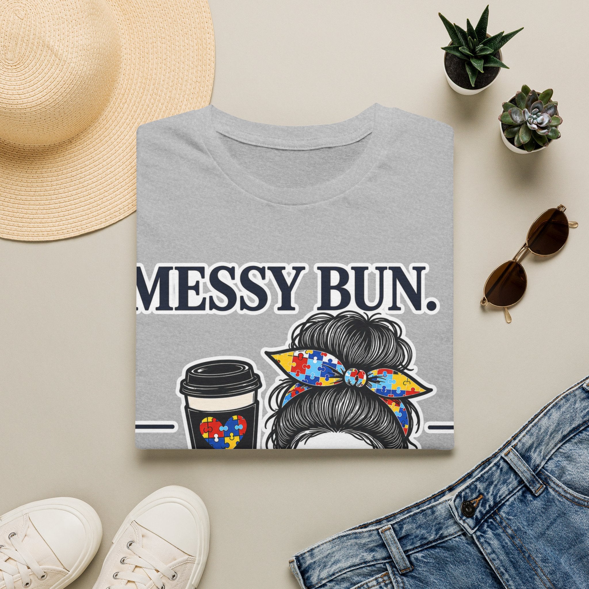 Messy Bun Coffee Mom Life Autism Acceptance Shirt | Autism Mom T-Shirt | Neurodiversity Support Tee | Special Needs Mom Gift