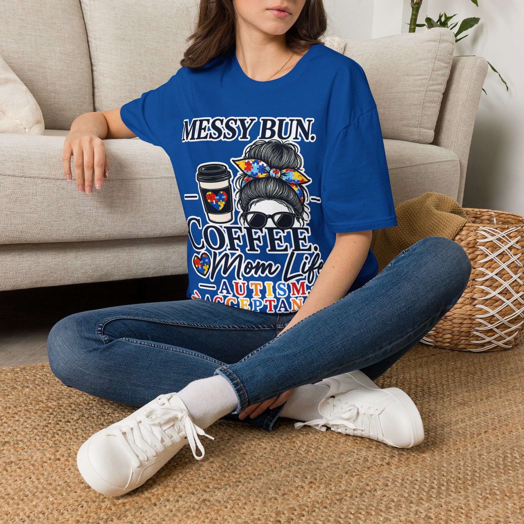 Messy Bun Coffee Mom Life Autism Acceptance Shirt | Autism Mom T-Shirt | Neurodiversity Support Tee | Special Needs Mom Gift