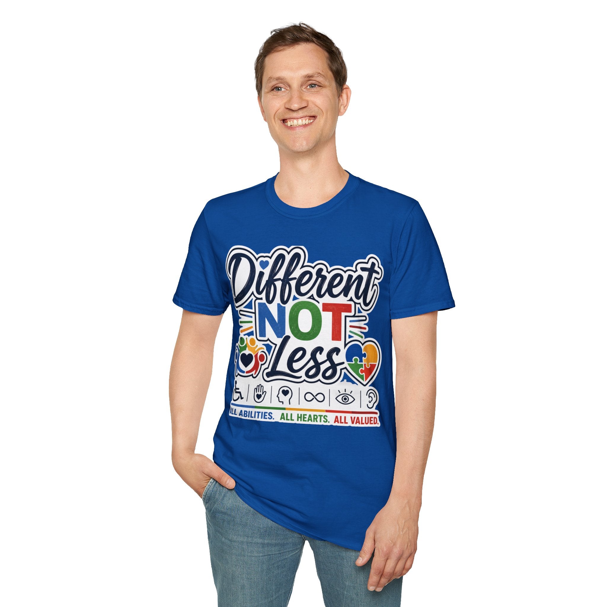 Different NOT Less T-Shirt | Disability Pride, Inclusive Rainbow Design