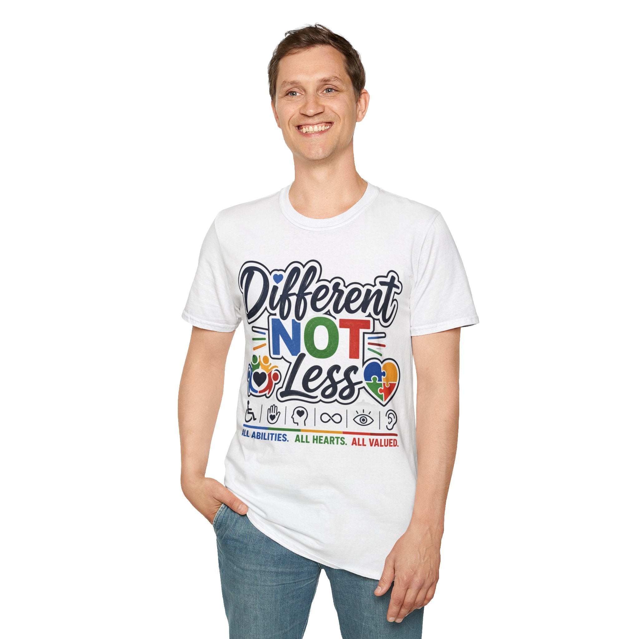 Different NOT Less T-Shirt | Disability Pride, Inclusive Rainbow Design