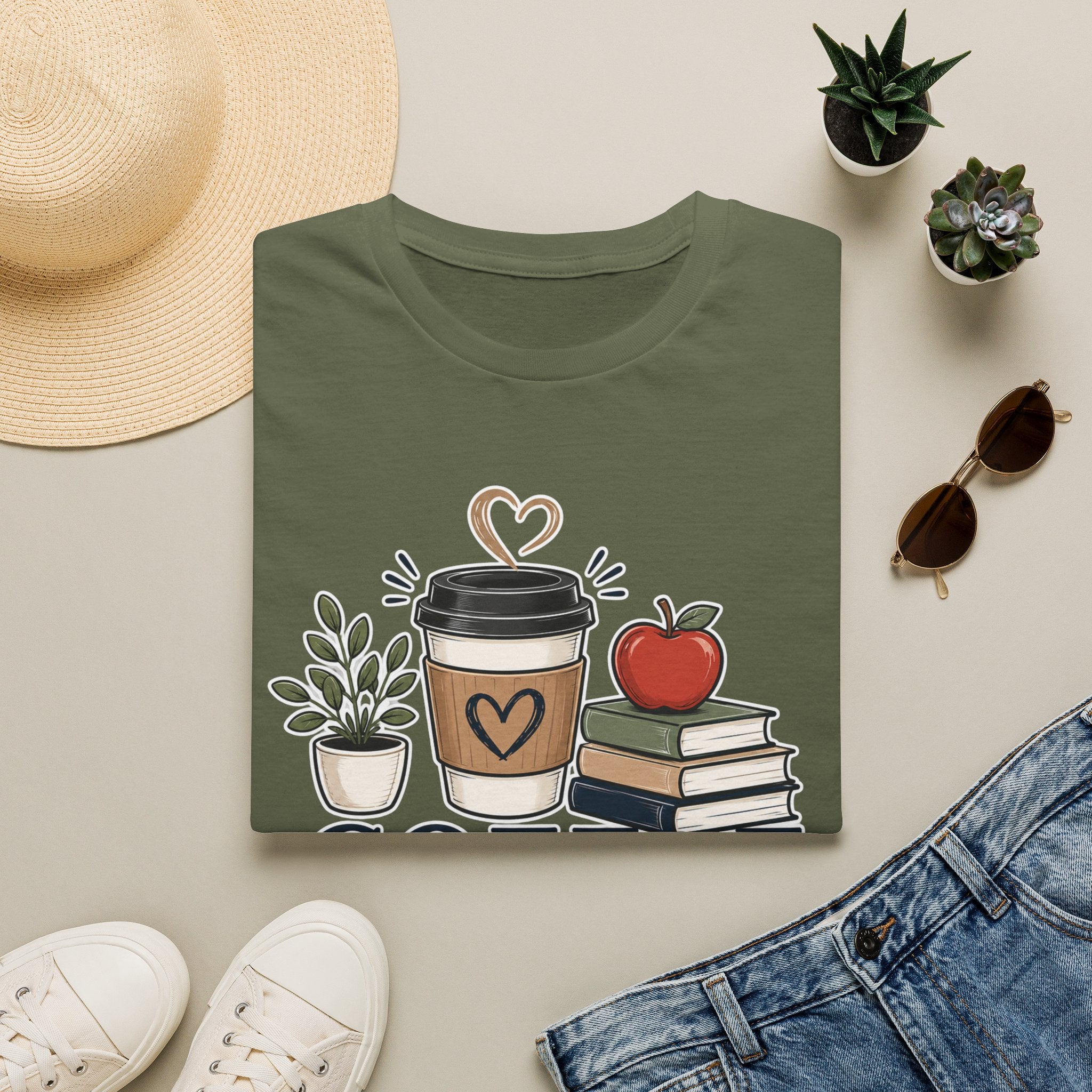 Coffee Teach Inspire Shirt | Teacher T-Shirt | Coffee Books Apple Graphic Tee | Elementary Teacher Gift | Back to School Apparel