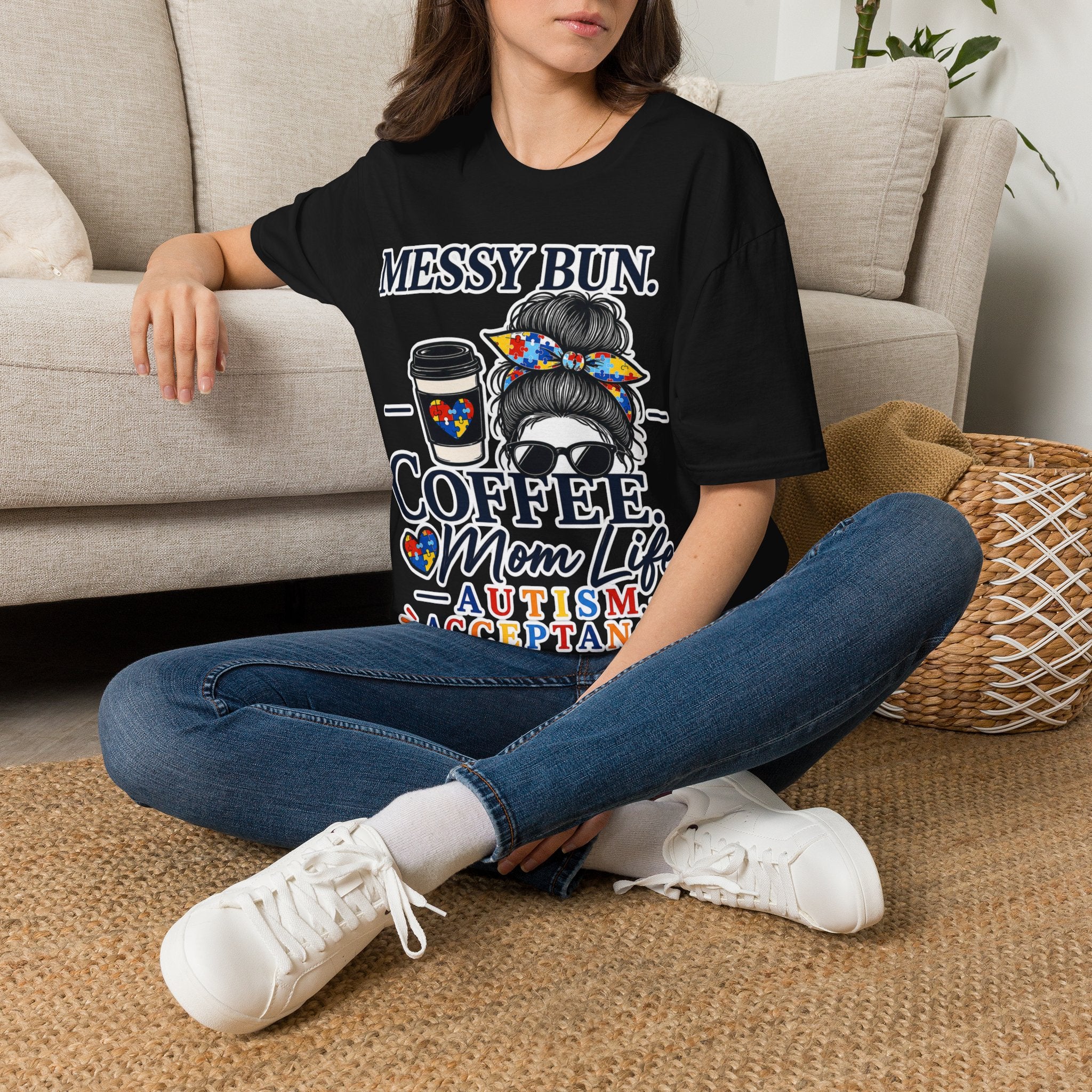 Messy Bun Coffee Mom Life Autism Acceptance Shirt | Autism Mom T-Shirt | Neurodiversity Support Tee | Special Needs Mom Gift