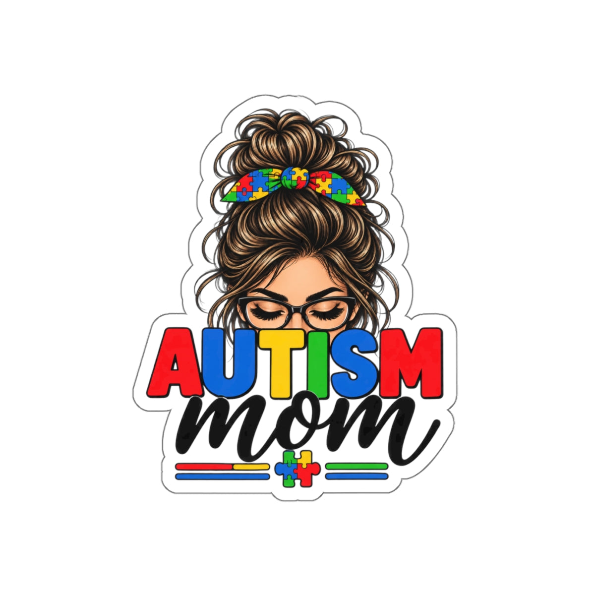 Autism Mom Die-Cut Sticker | Mom with Messy Bun, Puzzle Piece Awareness