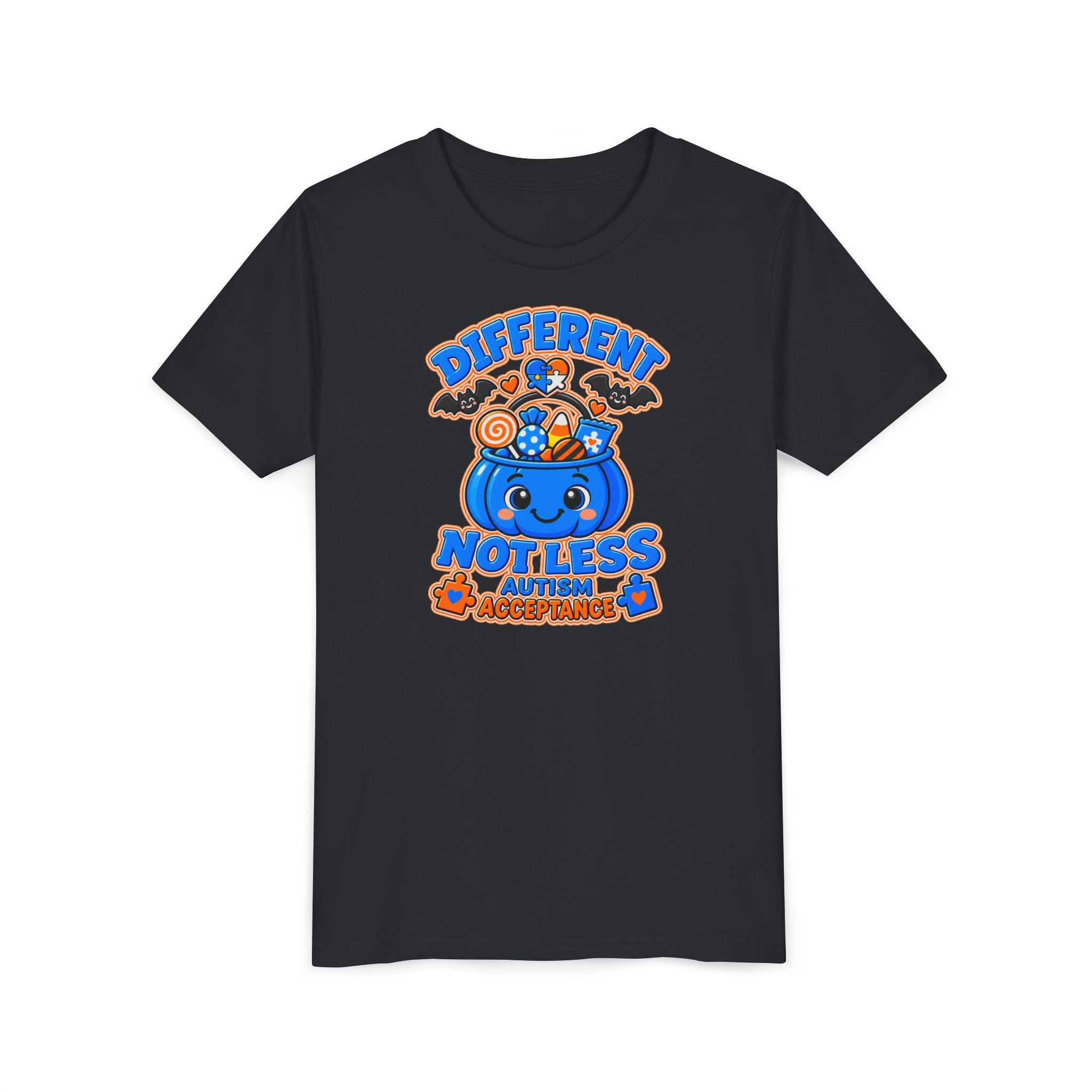 Different Not Less Halloween Shirt, Autism Acceptance Pumpkin Tee, Kids Halloween Autism Awareness T-Shirt, Trick or Treat Bucket Gift