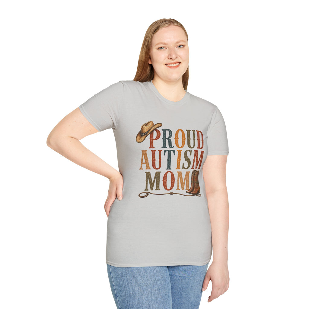 Proud Autism Mom T-Shirt — Rustic Western Cowboy Hat & Boots Design
