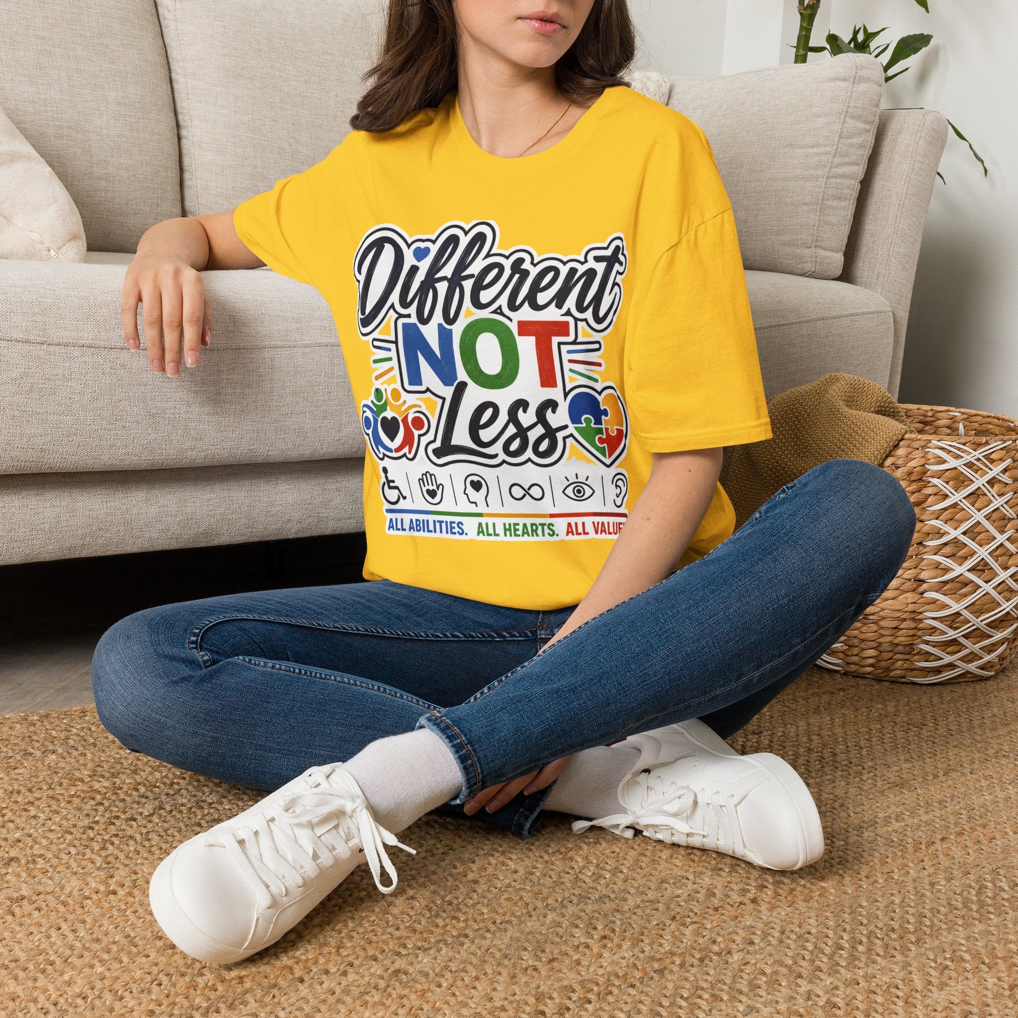 Different NOT Less T-Shirt | Disability Pride, Inclusive Rainbow Design