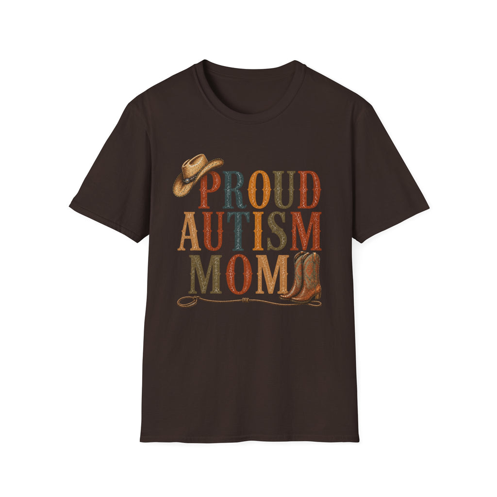 Proud Autism Mom T-Shirt — Rustic Western Cowboy Hat & Boots Design