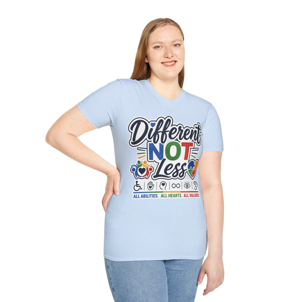 Different NOT Less T-Shirt | Disability Pride, Inclusive Rainbow Design