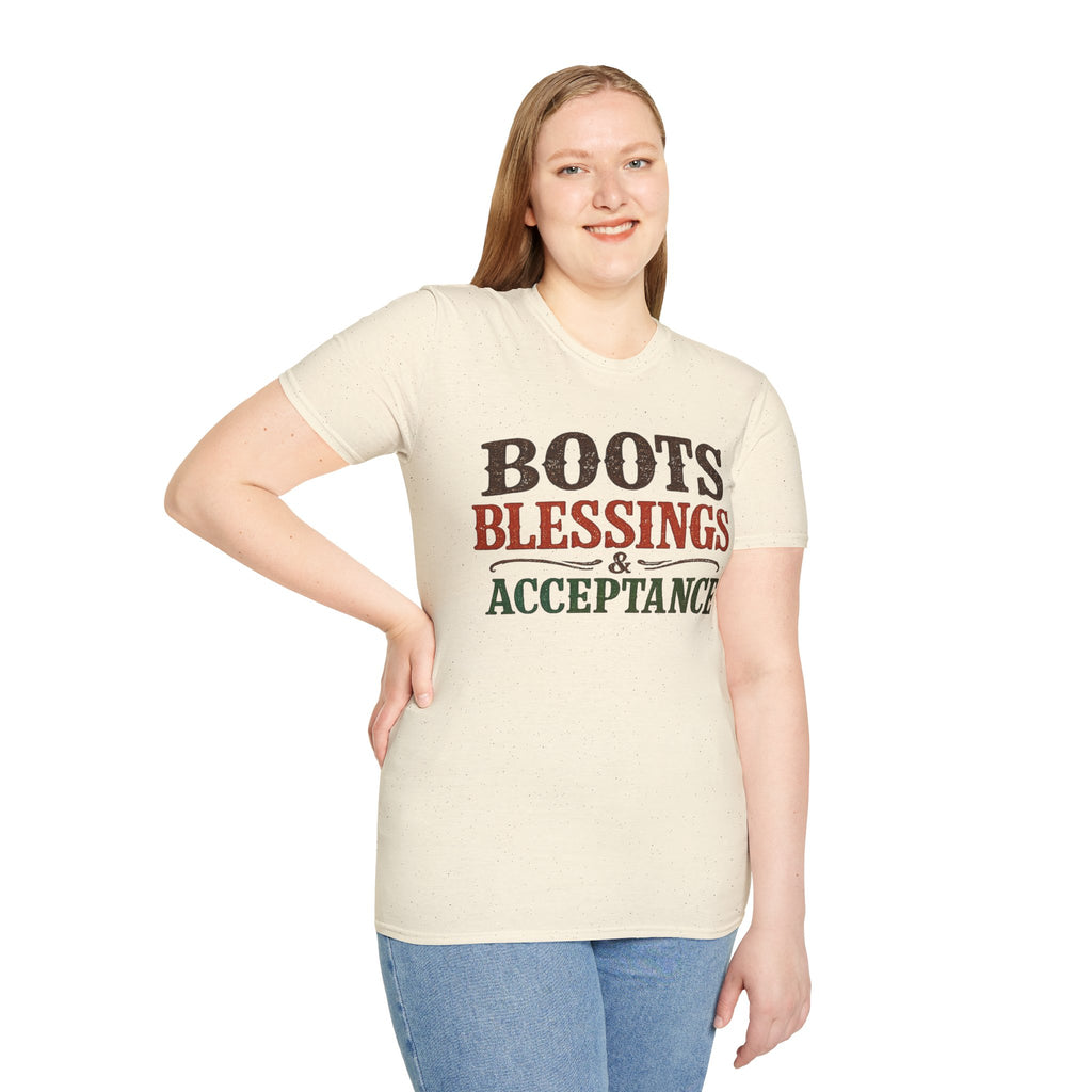 Boots Blessings & Acceptance T-Shirt | Western Typography, Rustic Faith Tee