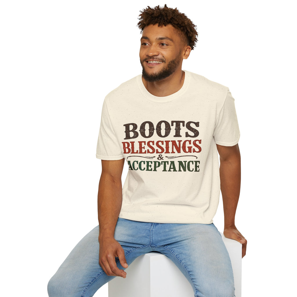 Boots Blessings & Acceptance T-Shirt | Western Typography, Rustic Faith Tee