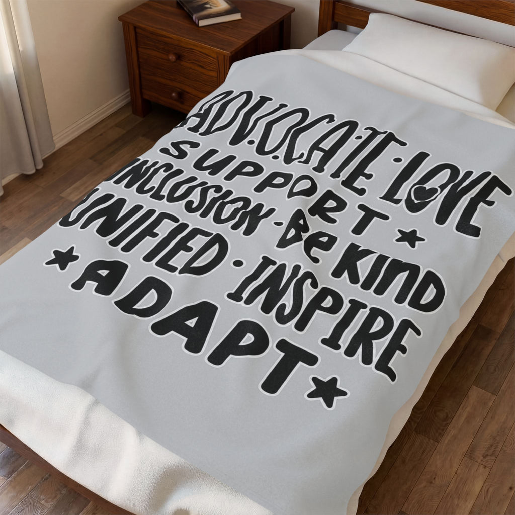 Advocate Support Inclusion Love Velveteen Blanket, Inspiring Word Art Throw, Disability Awareness Gift, Inclusive Cozy Home Decor