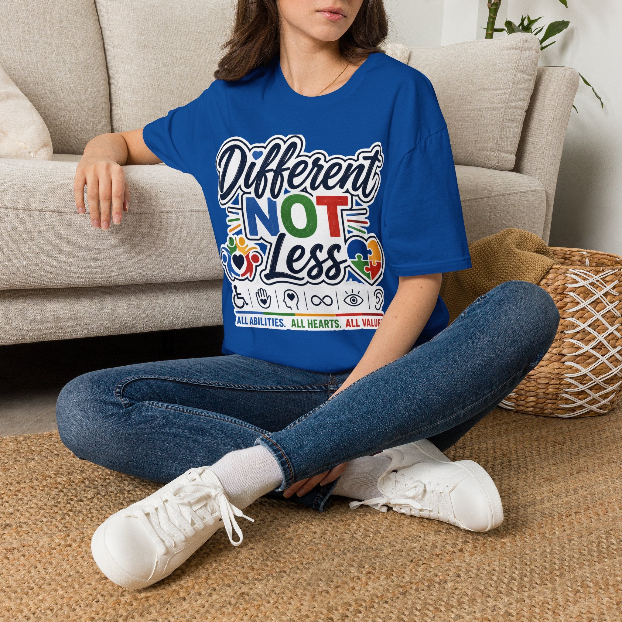 Different NOT Less T-Shirt | Disability Pride, Inclusive Rainbow Design