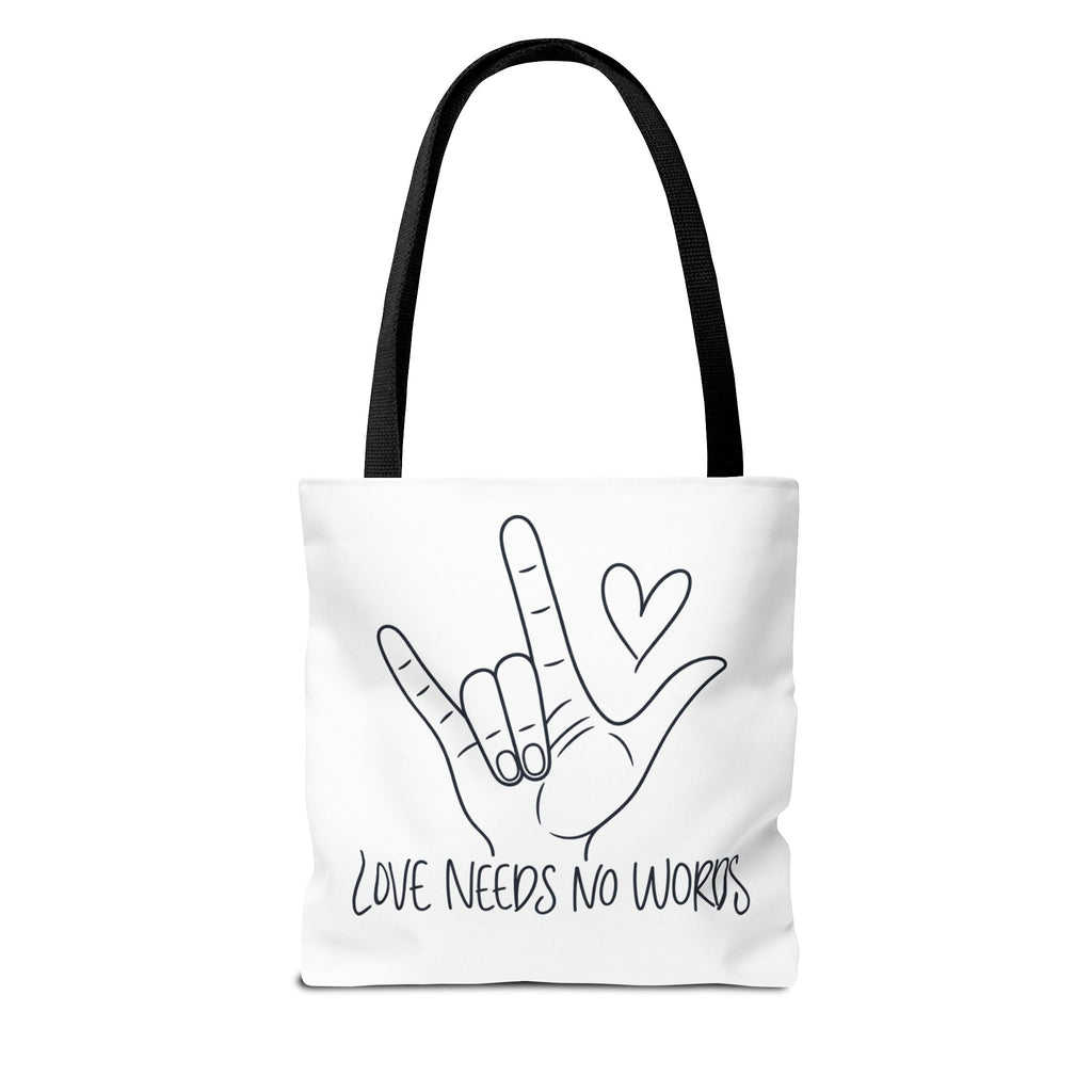 Love Needs No Words Tote Bag, ASL I Love You Hand Illustration Canvas Bag, Autism Acceptance Tote, Sign Language Nonverbal Gift