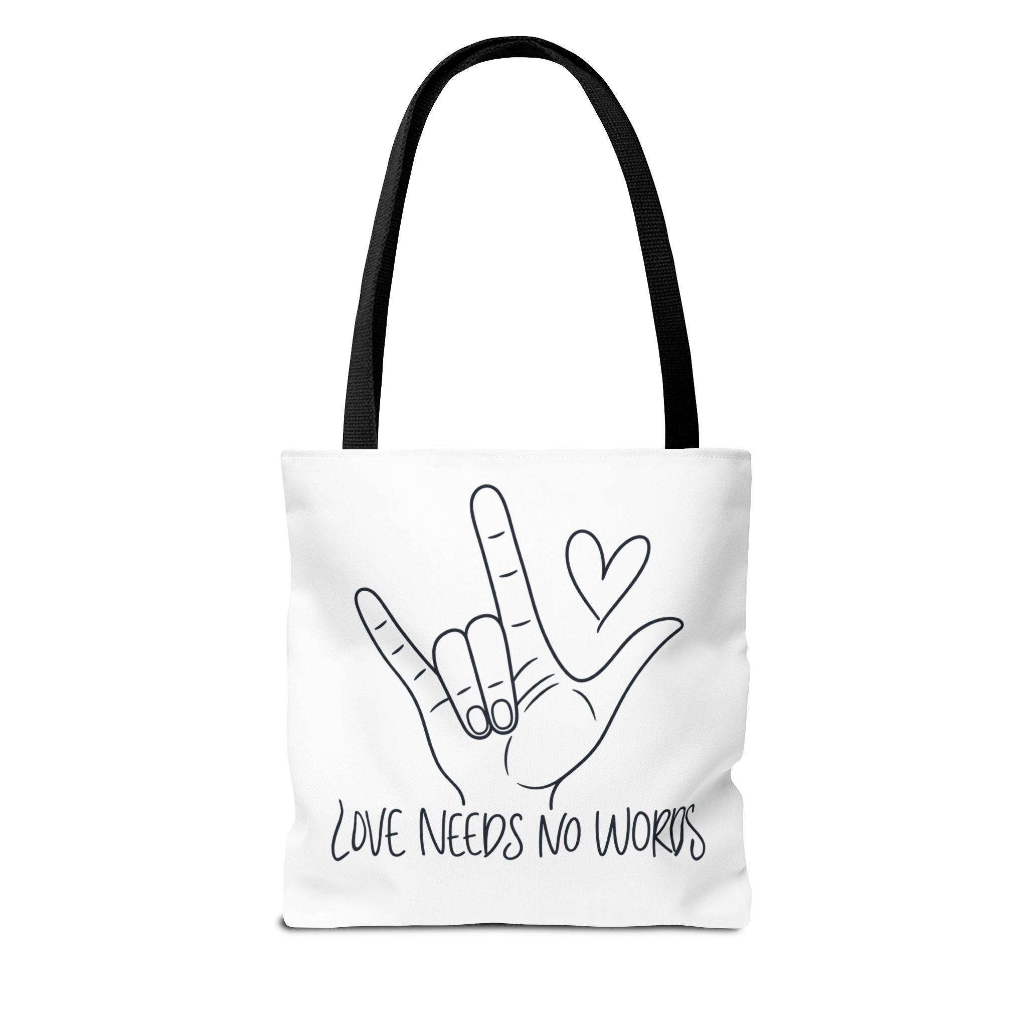 Love Needs No Words Tote Bag, ASL I Love You Hand Illustration Canvas Bag, Autism Acceptance Tote, Sign Language Nonverbal Gift