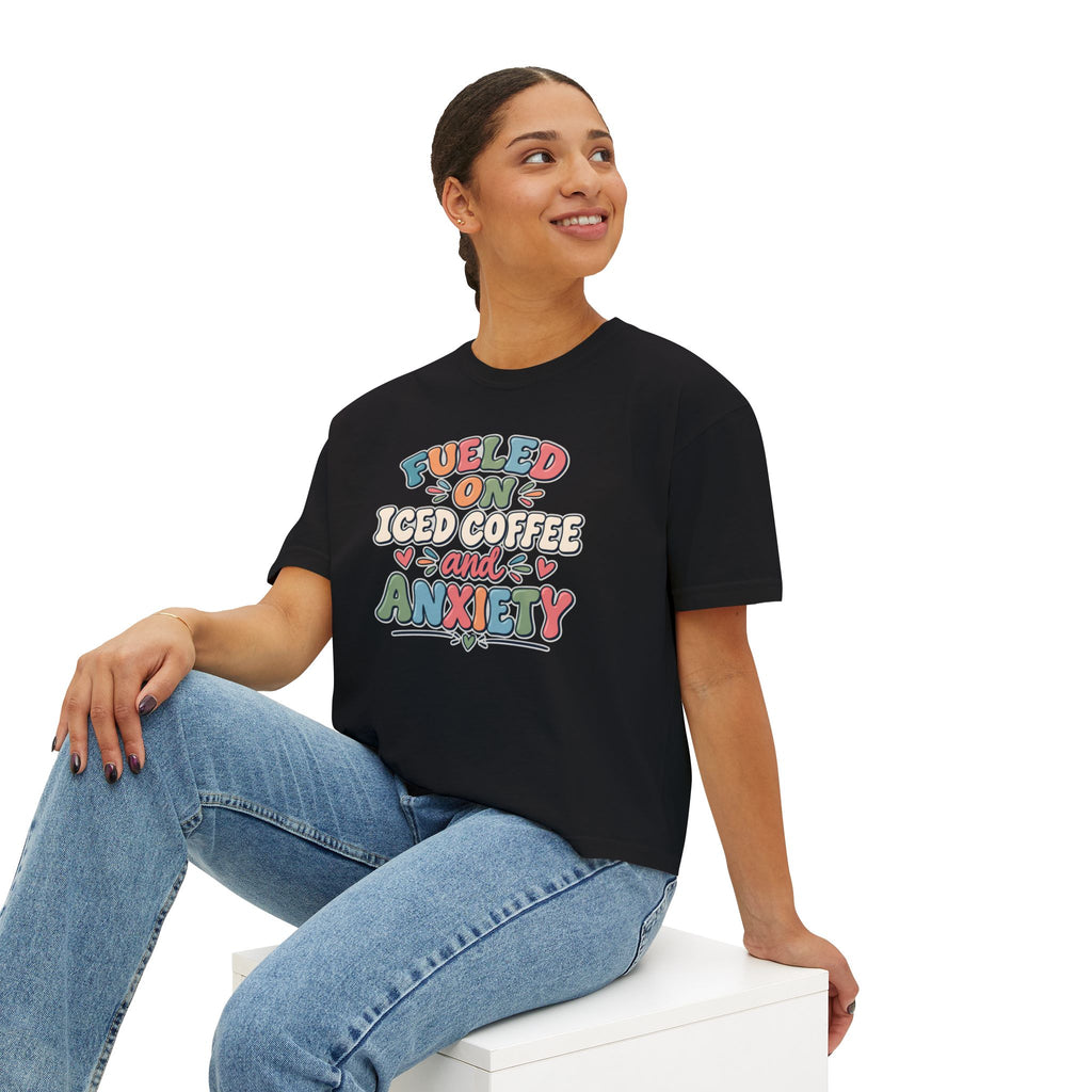 Fueled On Iced Coffee And Anxiety Boxy Tee, Women's Cute Retro Lettering Shirt, Funny Mental Health T-Shirt, Trendy Coffee Lover Gift
