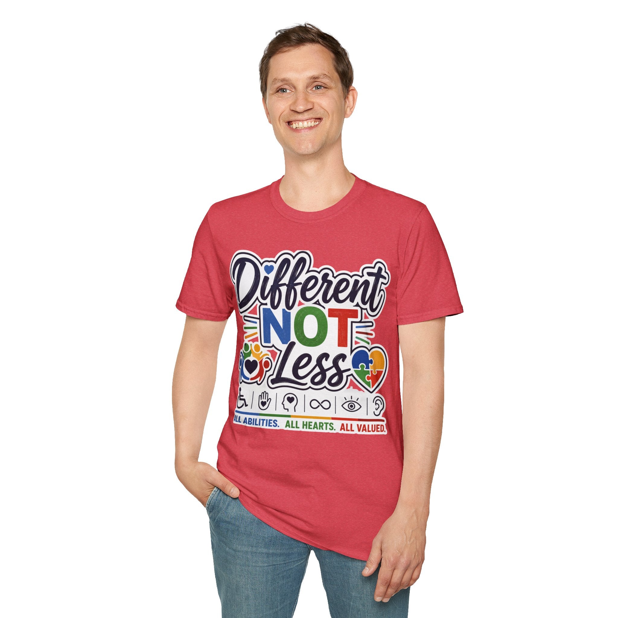 Different NOT Less T-Shirt | Disability Pride, Inclusive Rainbow Design