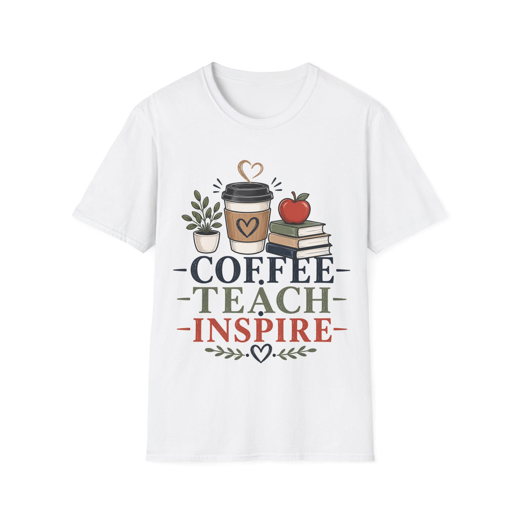 Coffee Teach Inspire Shirt | Teacher T-Shirt | Coffee Books Apple Graphic Tee | Elementary Teacher Gift | Back to School Apparel