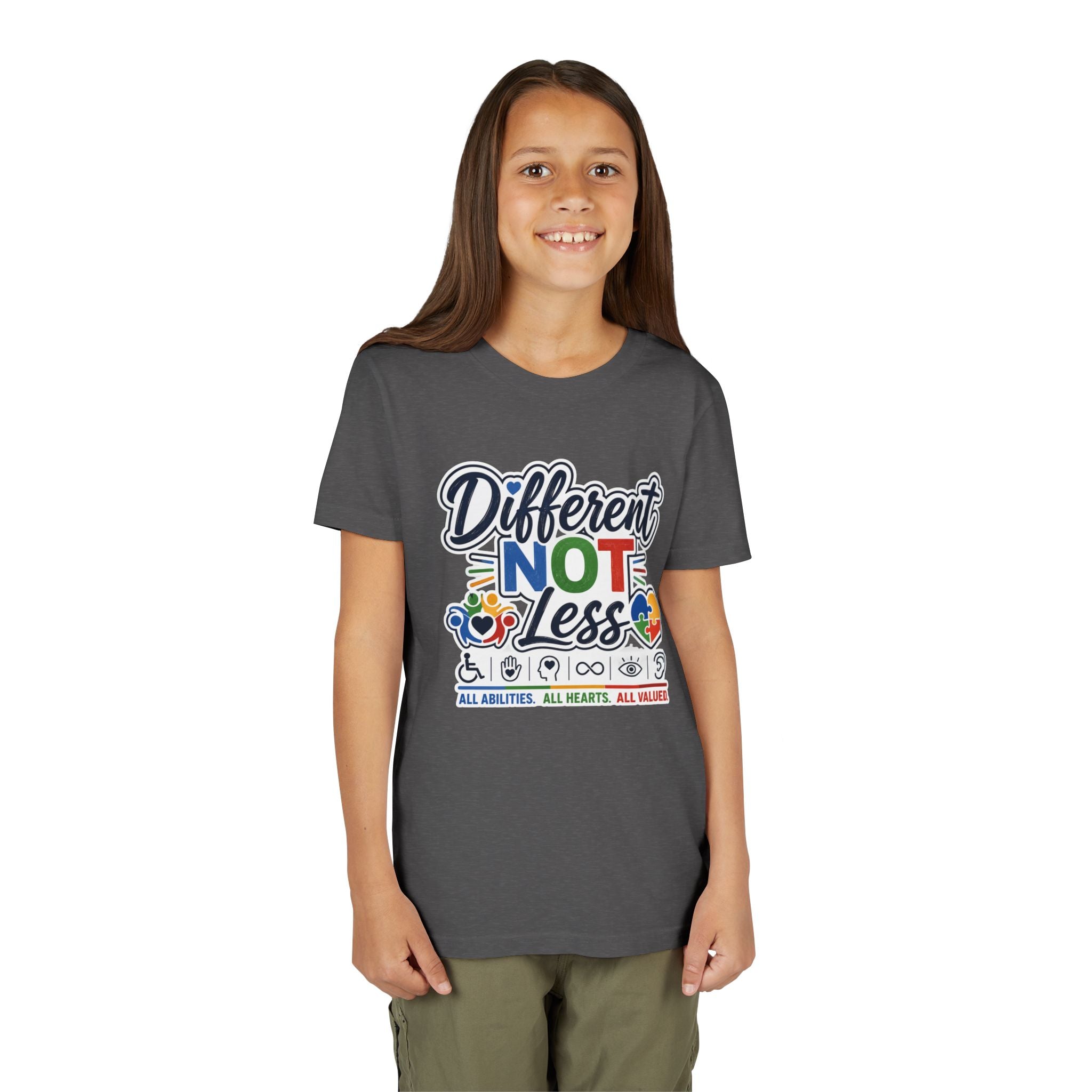 Youth Tee — "Different Not Less" Inclusive Pride Autism Awareness Shirt